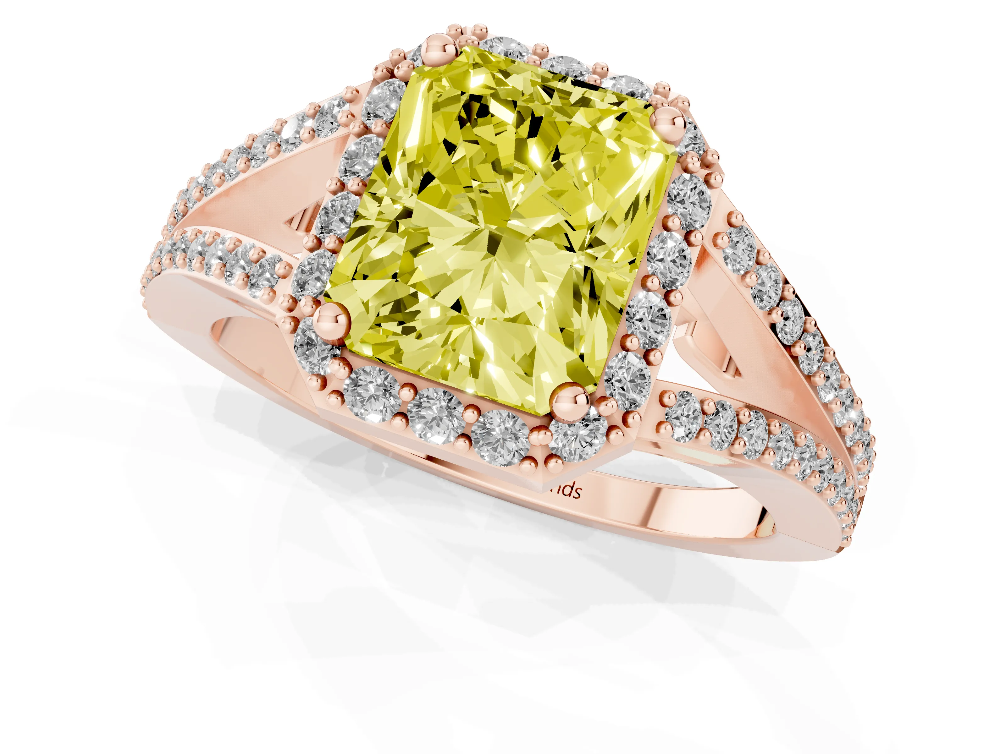 Fancy Yellow Radiant Cut Diamond Halo Split Shank Pavé Ring Set in Rose gold with Prong Setting