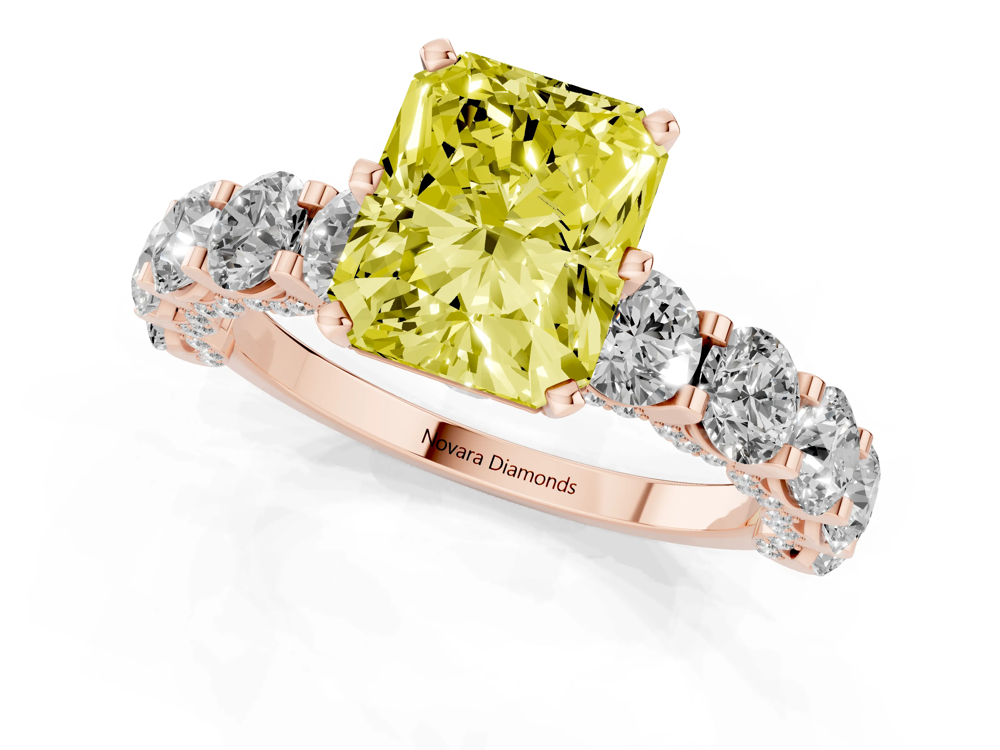 Fancy Yellow Radiant Cut Diamond Side Stone Ring Set in Rose gold with Alternating Round and Oval Side Stones – second view