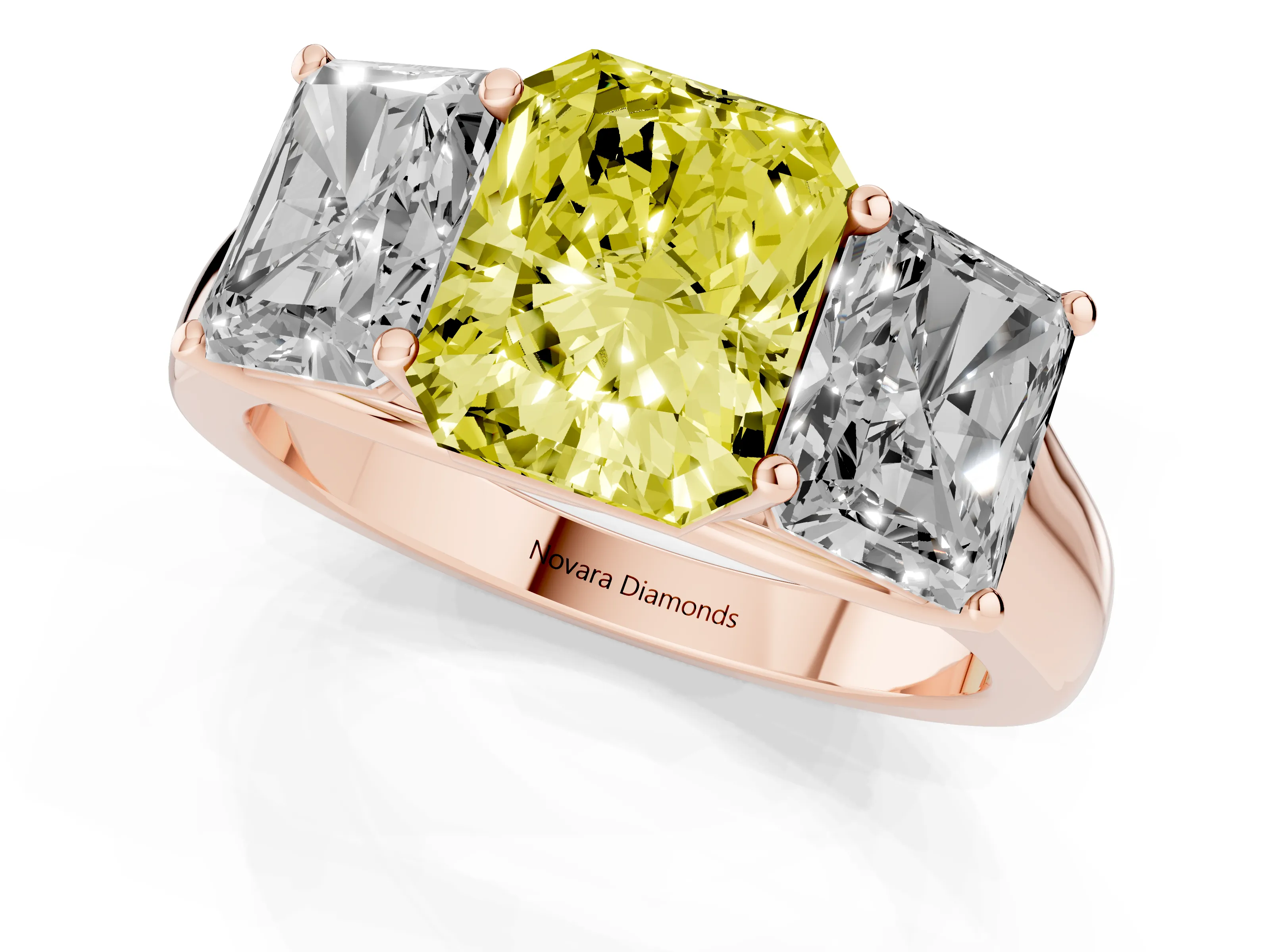 Fancy Yellow Radiant Cut Diamond Three-Stone Ring Set in Rose gold with Plain Polished Band