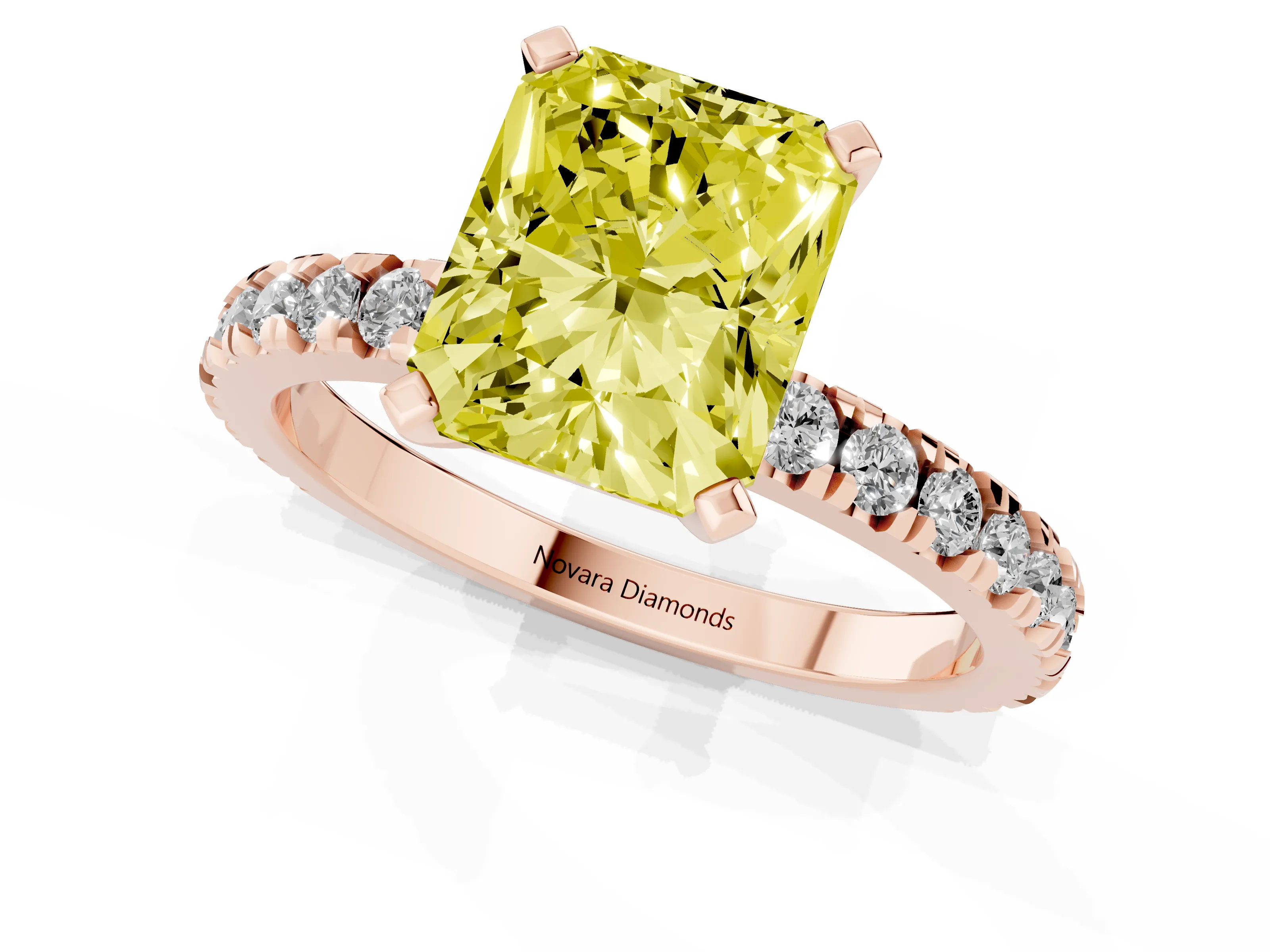 Fancy Yellow Radiant Cut Diamond Pavé Band Solitaire Set in Rose gold with Prong Setting