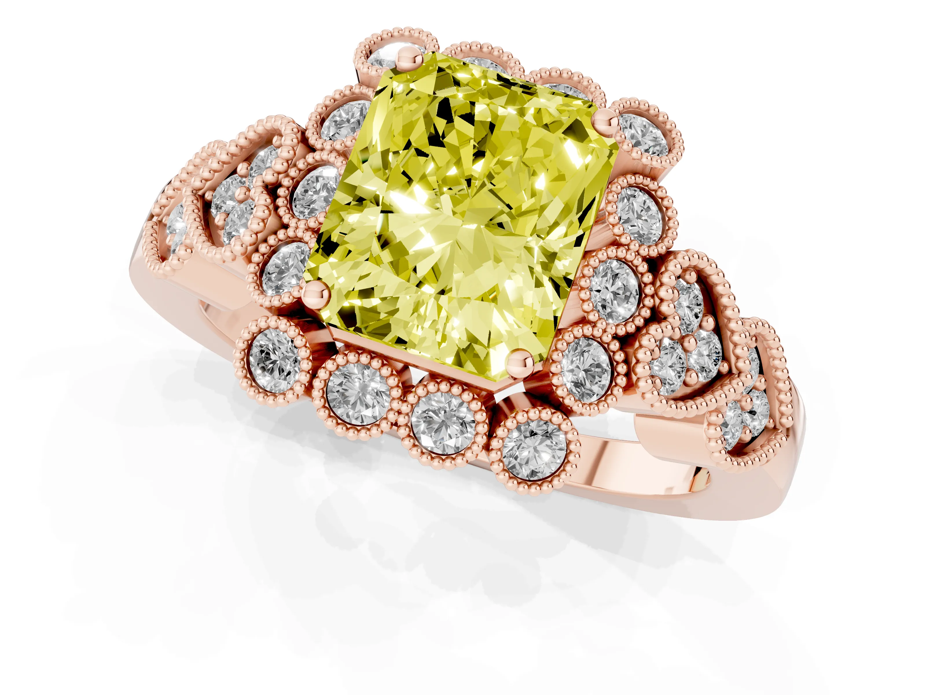 Fancy Yellow Radiant Cut Diamond Solitaire Ring Set in Rose gold with Milgrain Pavé Heart Band