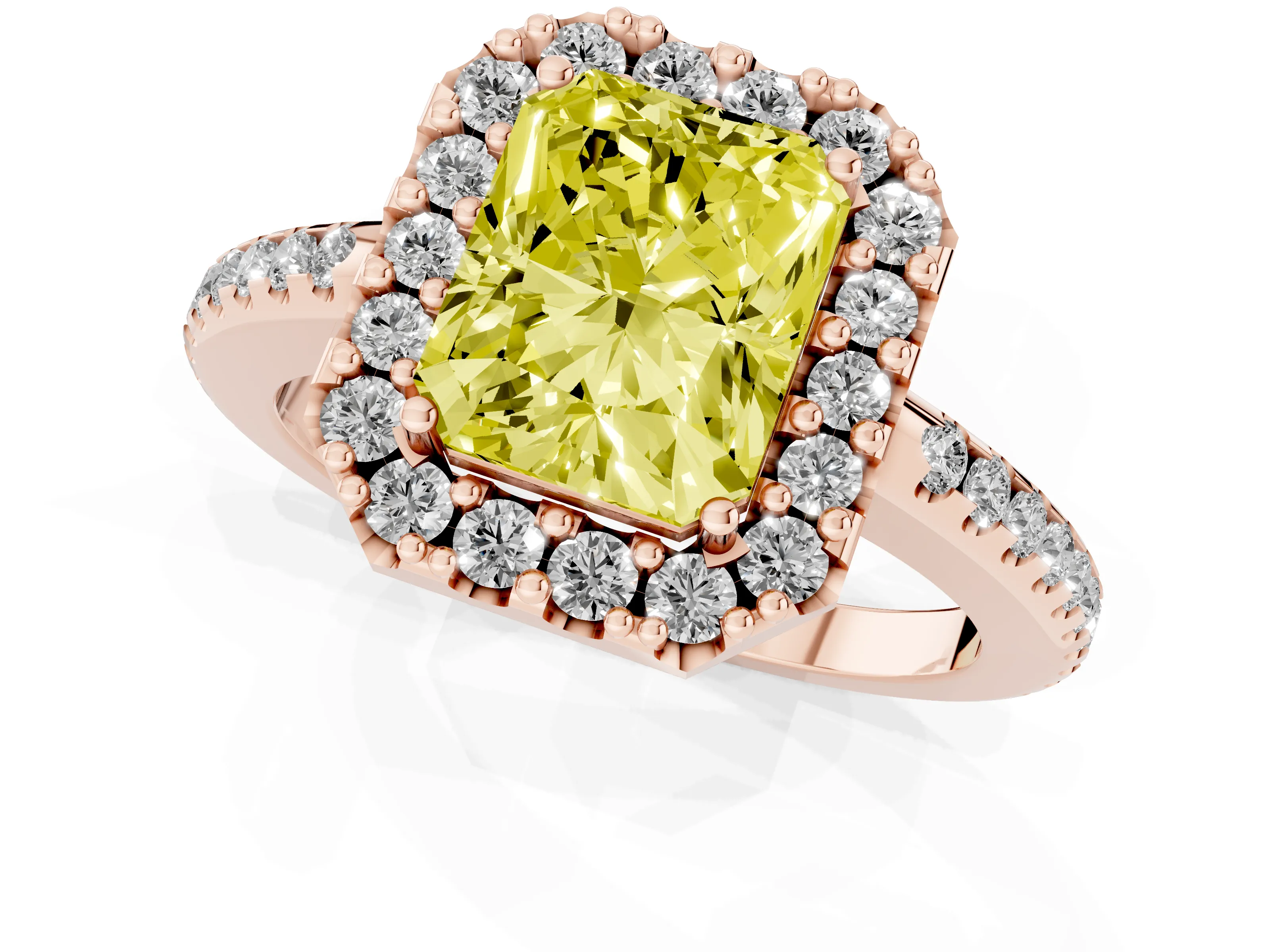 Fancy Yellow Radiant Cut Diamond Pavé Halo Ring Set in Rose gold with Prong Setting