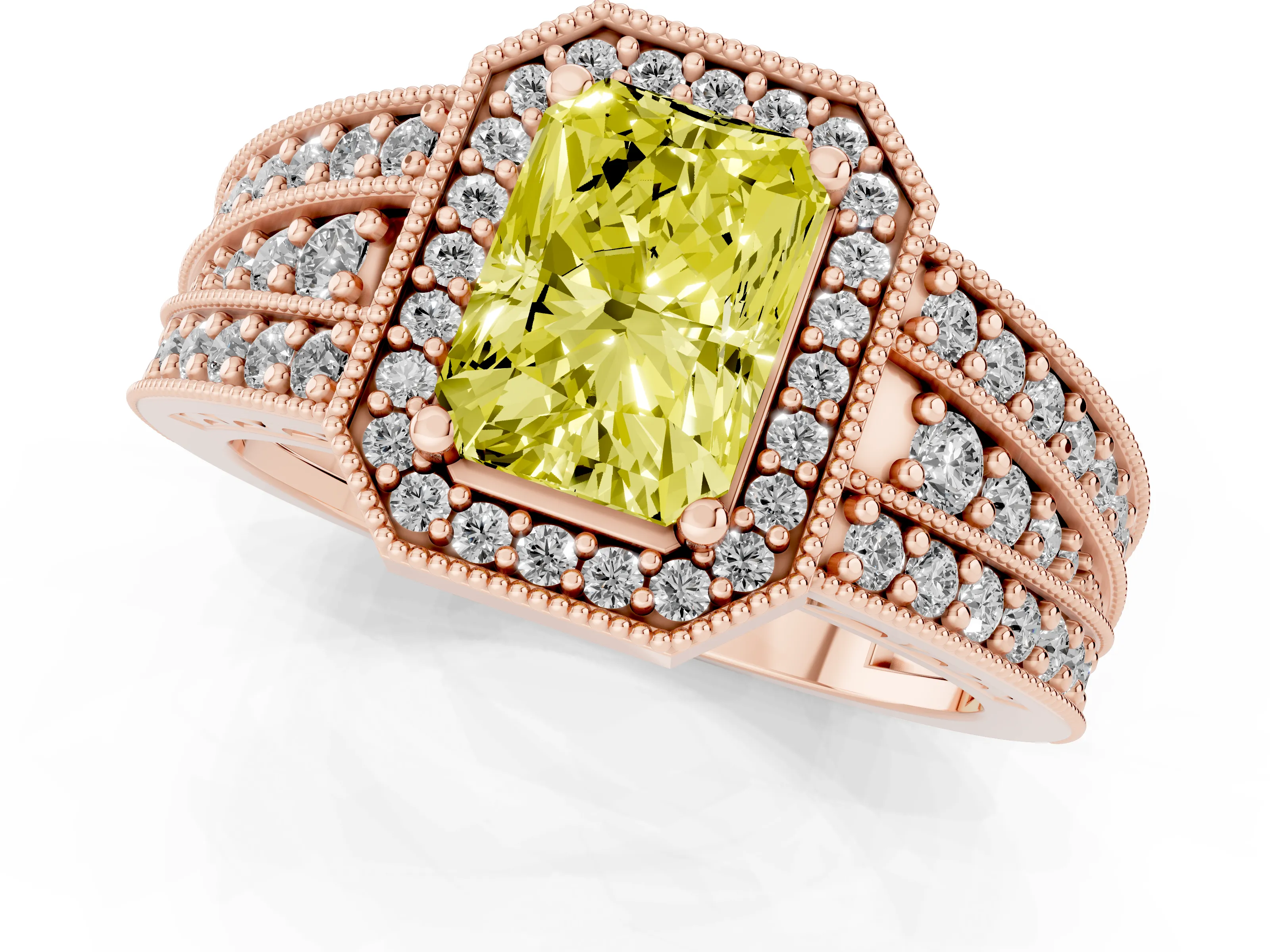 Fancy Yellow Radiant Cut Diamond Halo Ring Set in Rose gold with Accent Split Shank and Prong Setting