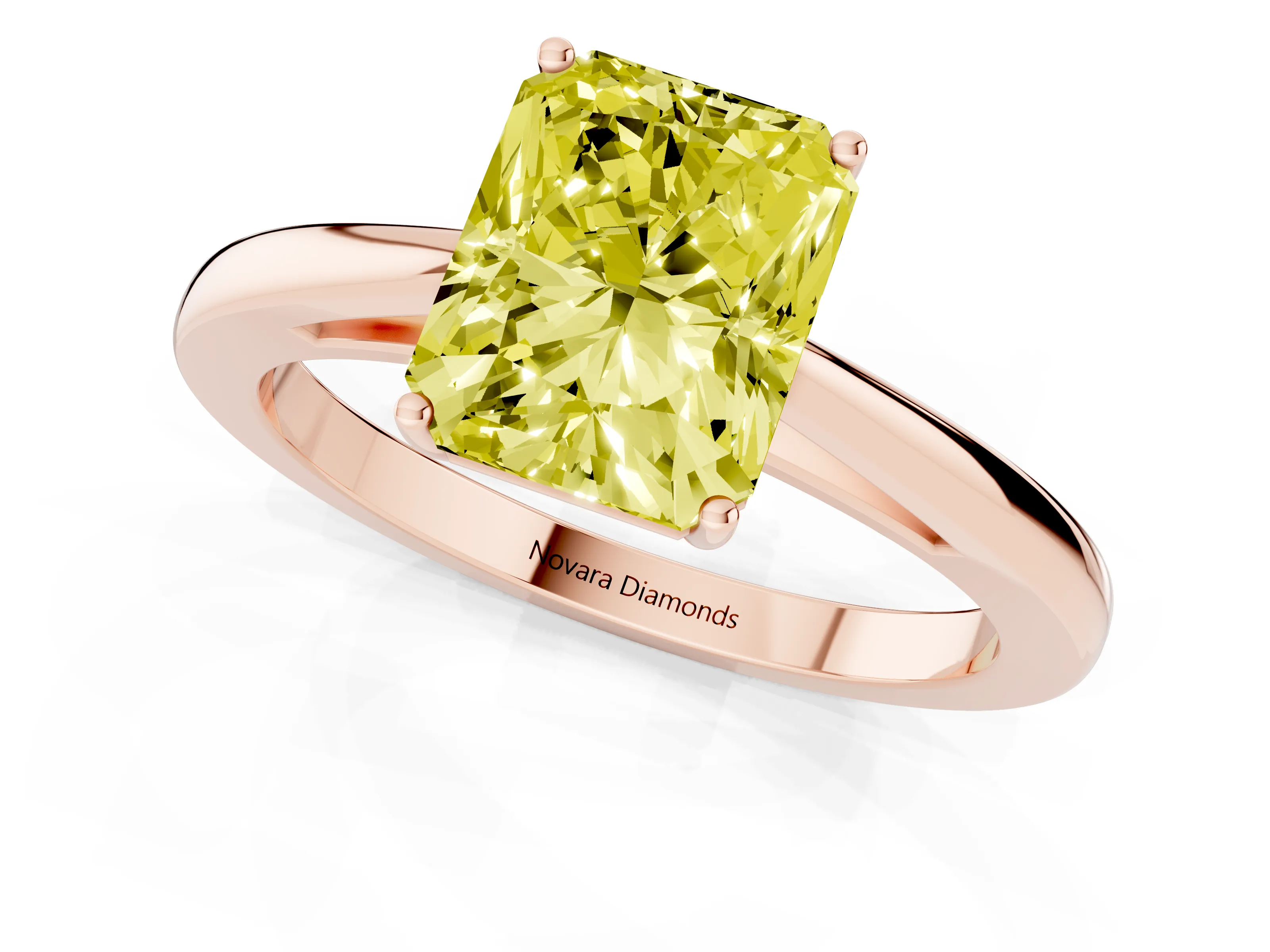 Fancy Yellow Radiant Cut Diamond Solitaire Ring Set in Rose gold with Split Shank and Prong Setting