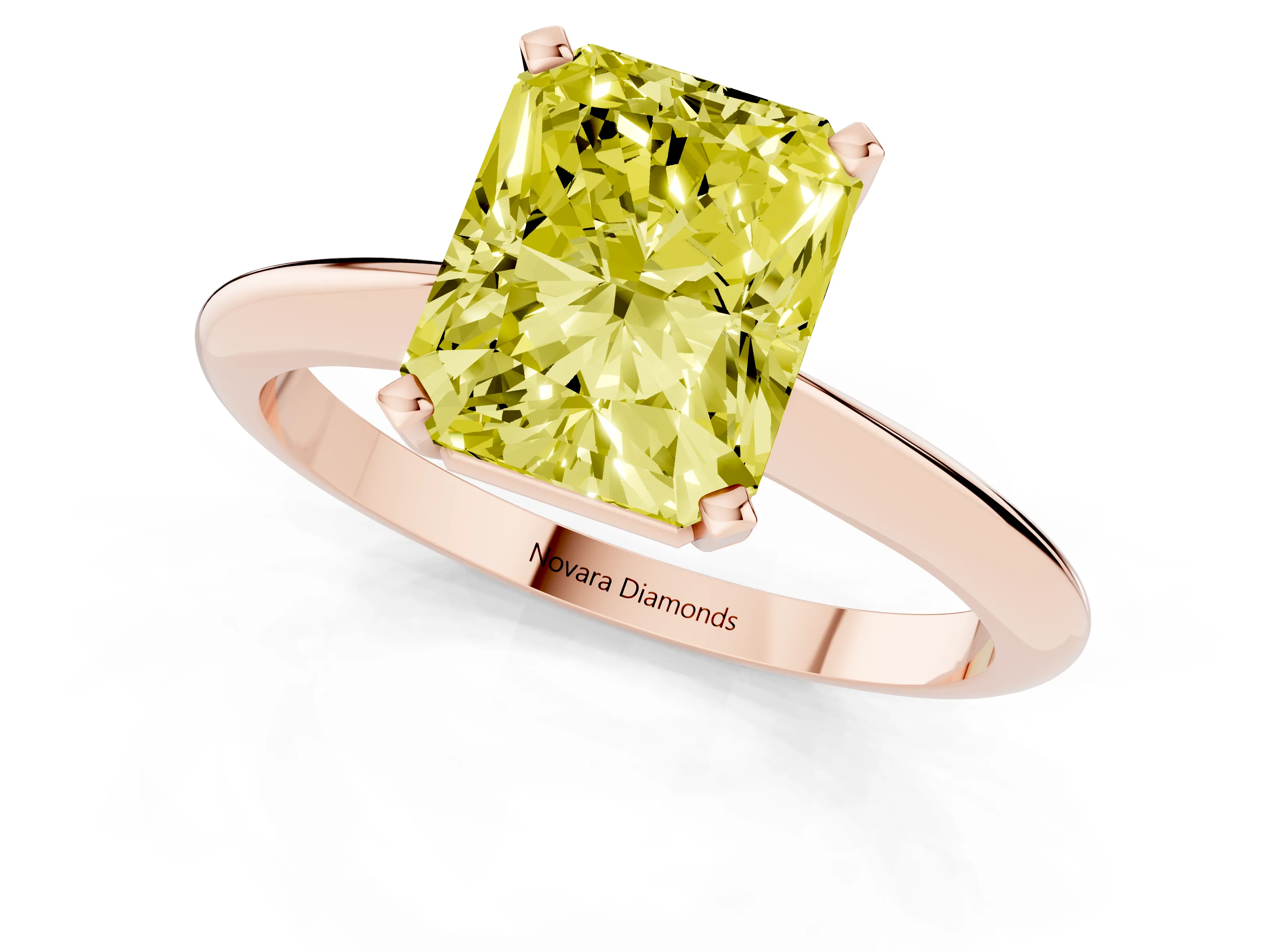 Fancy Yellow Radiant Cut Diamond Solitaire Ring Set in Rose gold with Prong Setting on a Plain Round Band