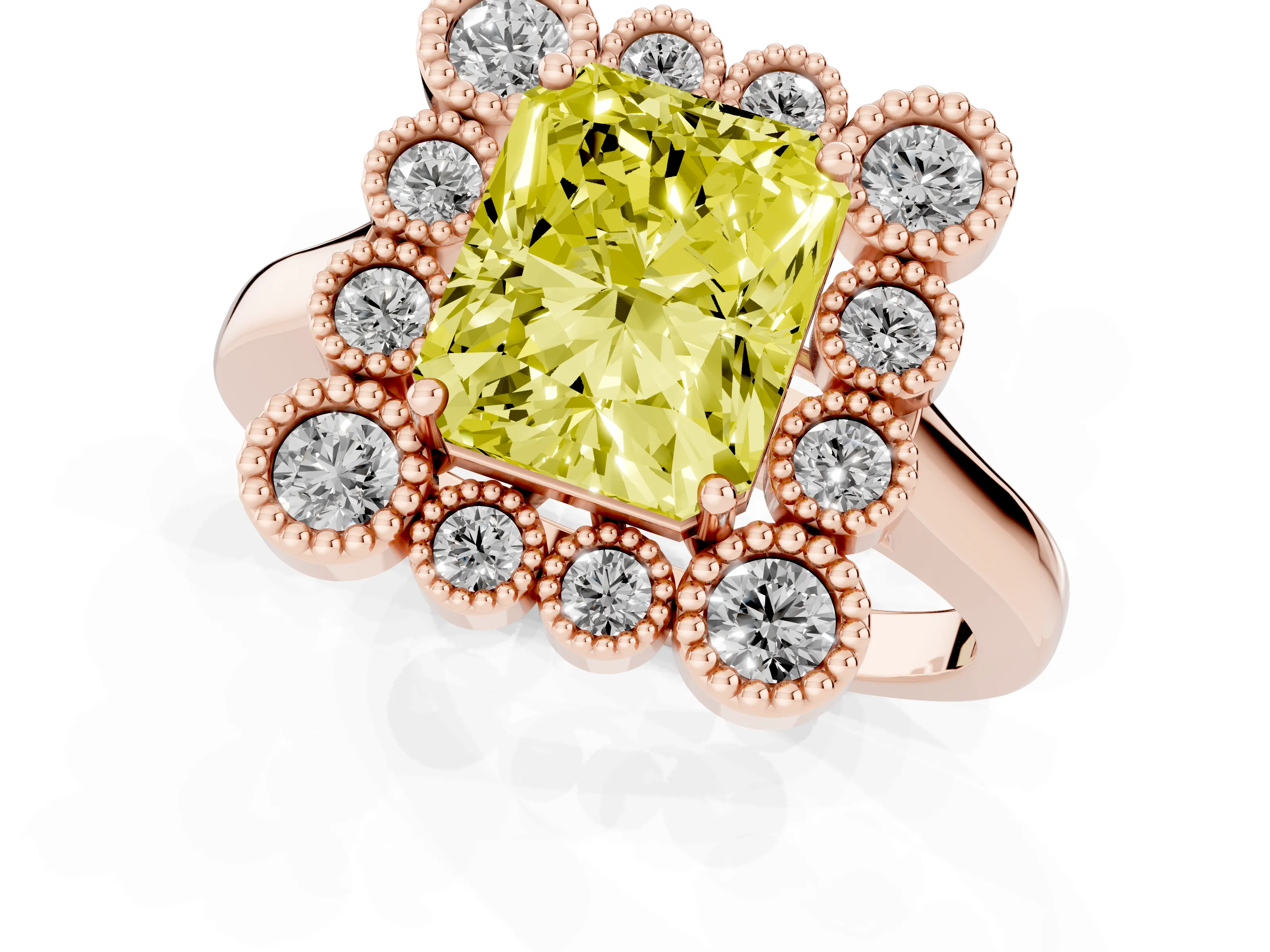 Fancy Yellow Radiant Cut Diamond Cluster Halo Ring Set in Rose gold with Milgrain Bezel Accents and Plain Band