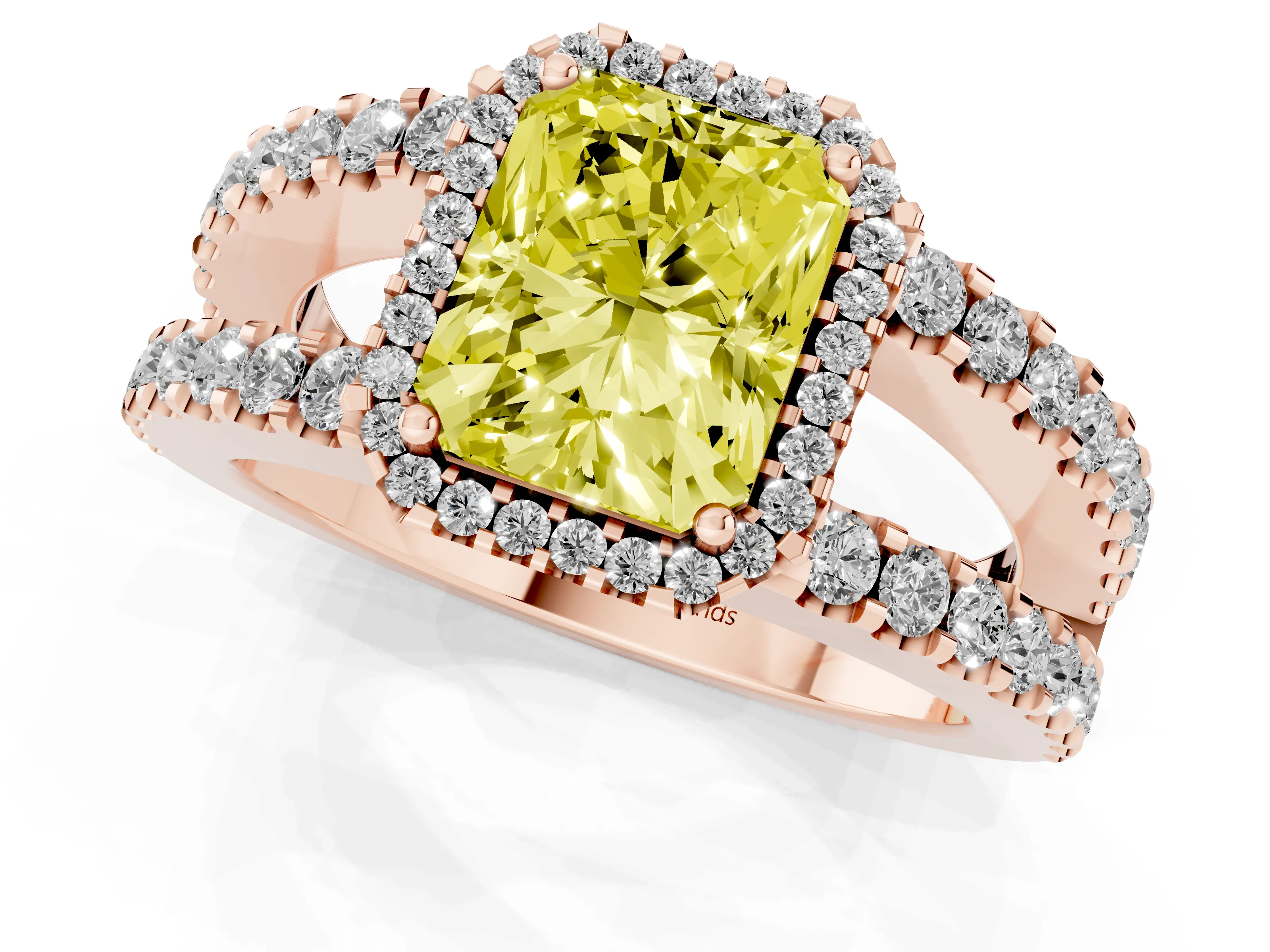 Fancy Yellow Radiant Cut Diamond Halo Ring Set in Rose gold with Pavé Split Shank and Prong Setting