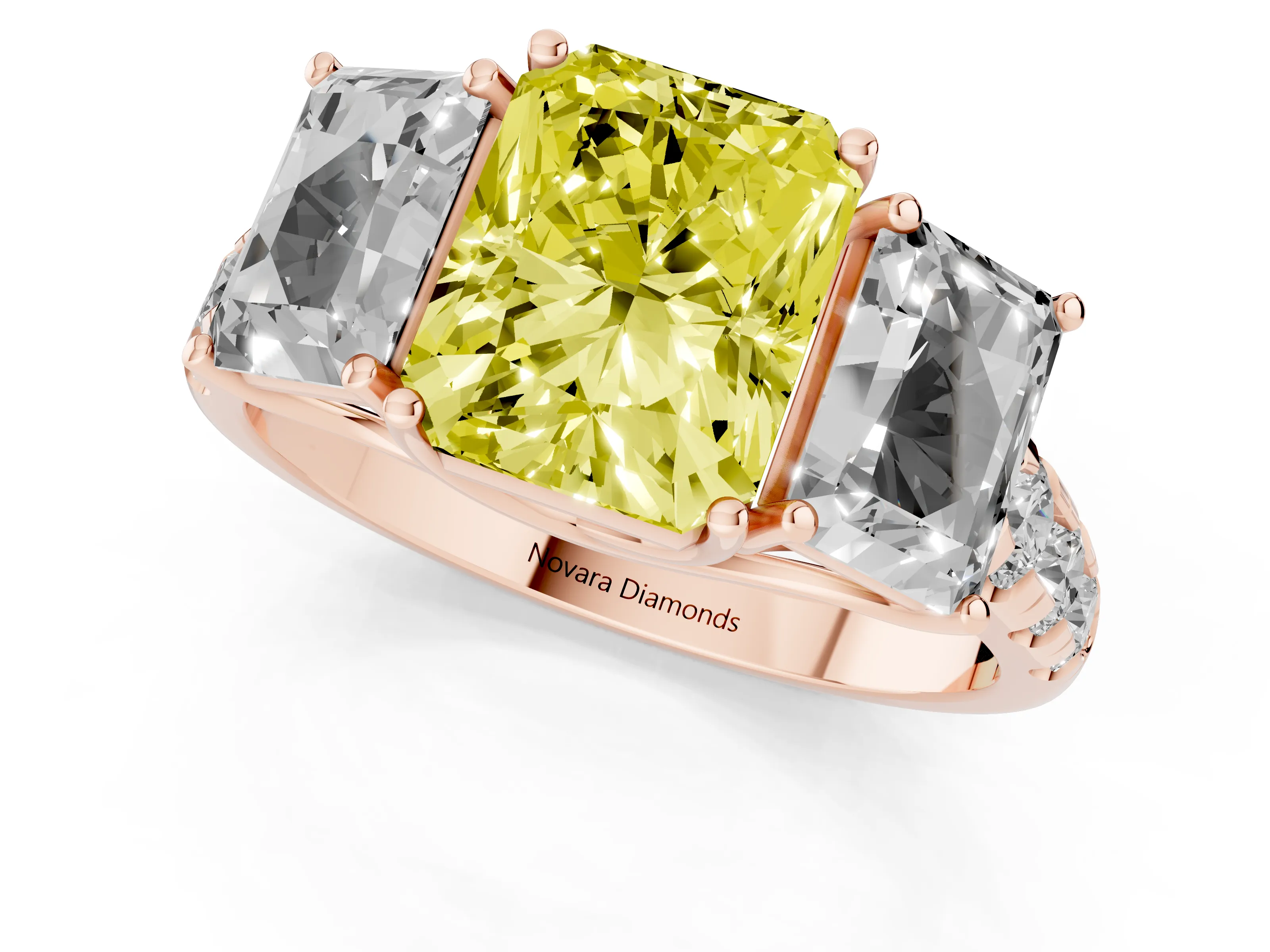 Fancy Yellow Radiant Cut Diamond Three-Stone Ring Set in Rose gold with Pavé Band