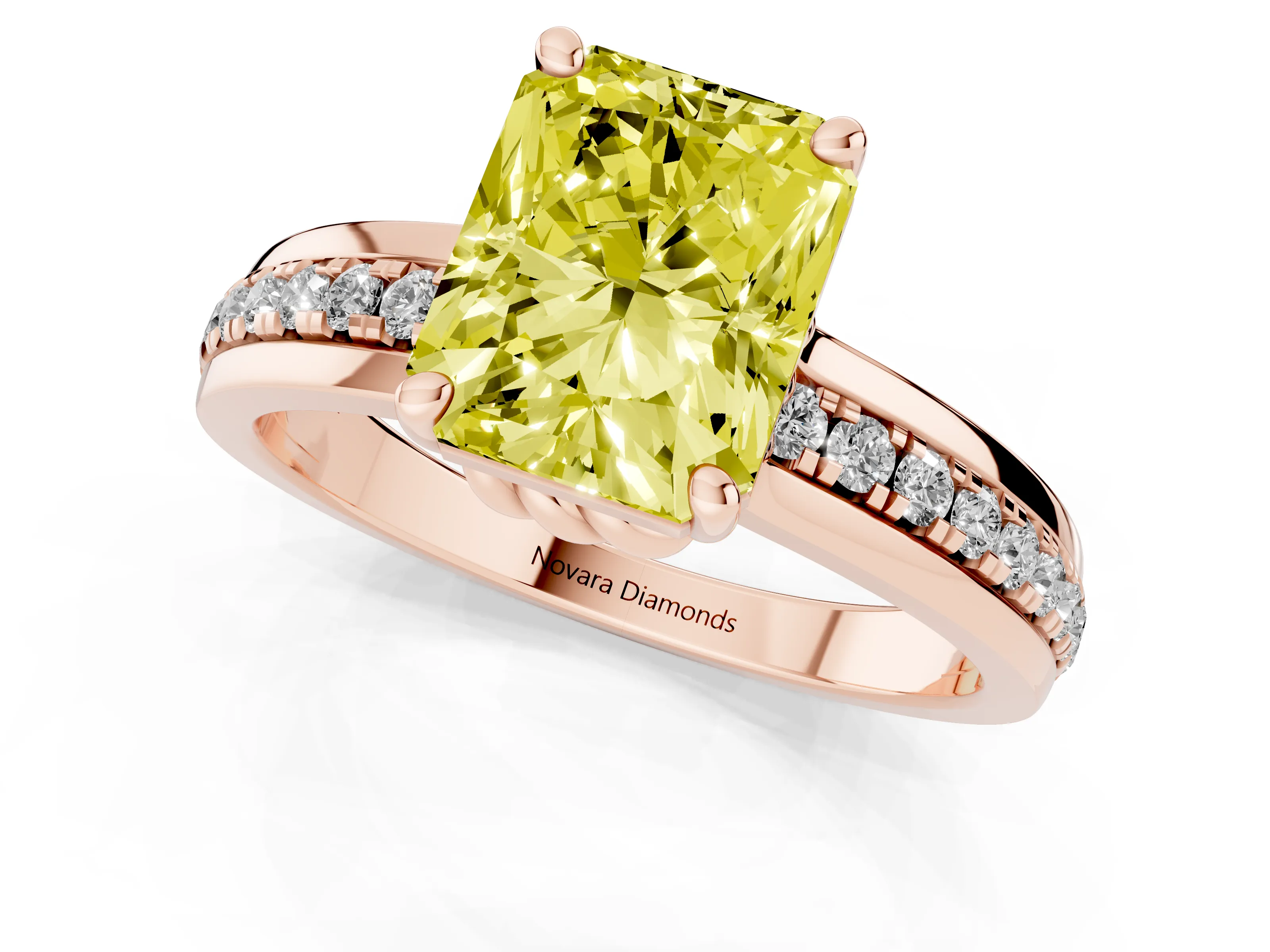 Fancy Yellow Radiant Cut Diamond Solitaire Ring Set in Rose gold with Channel Set Band and Prong Setting