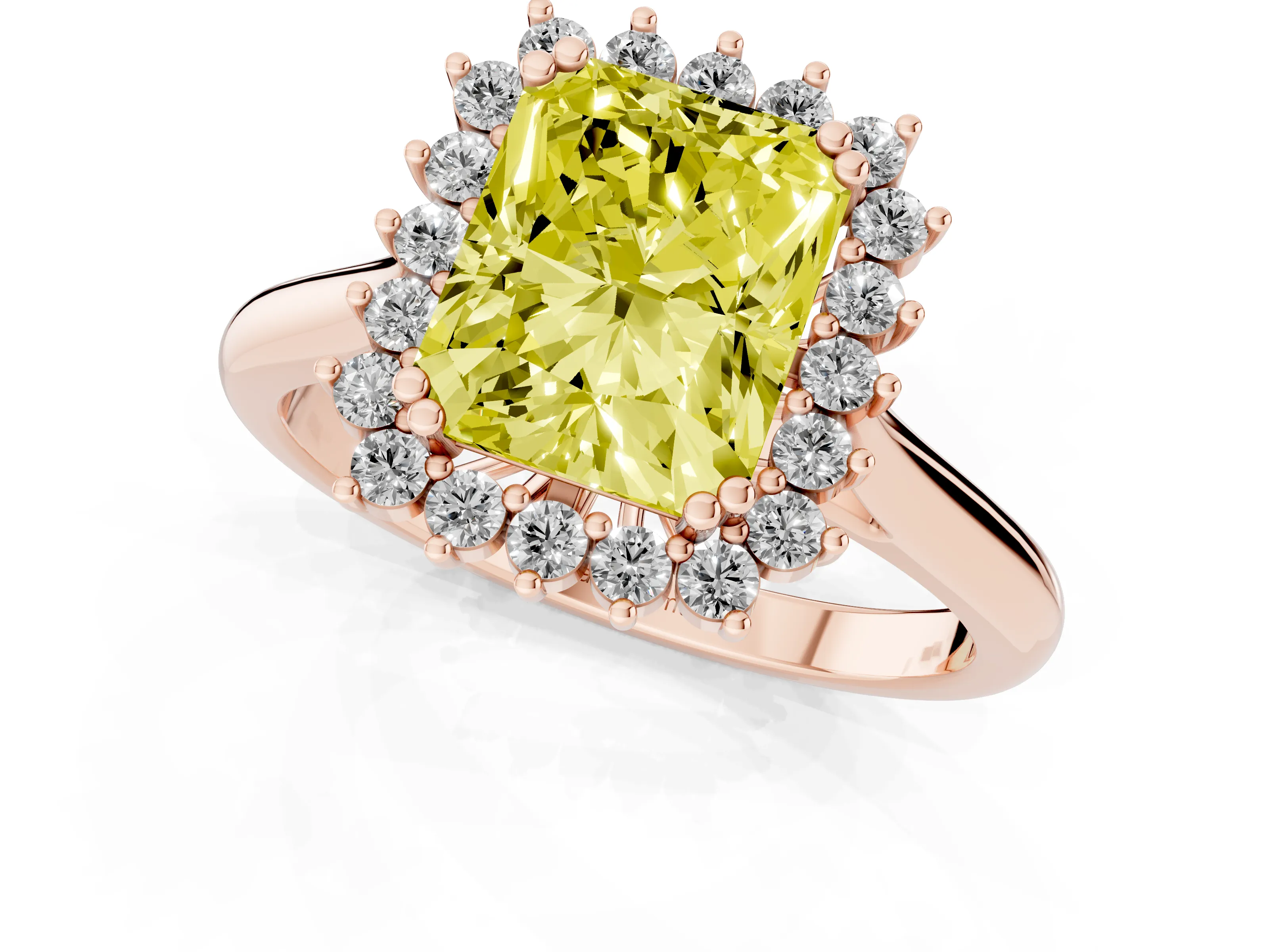 Fancy Yellow Radiant Cut Diamond Halo Ring Set in Rose gold with Plain Solitaire Band and Prong Setting