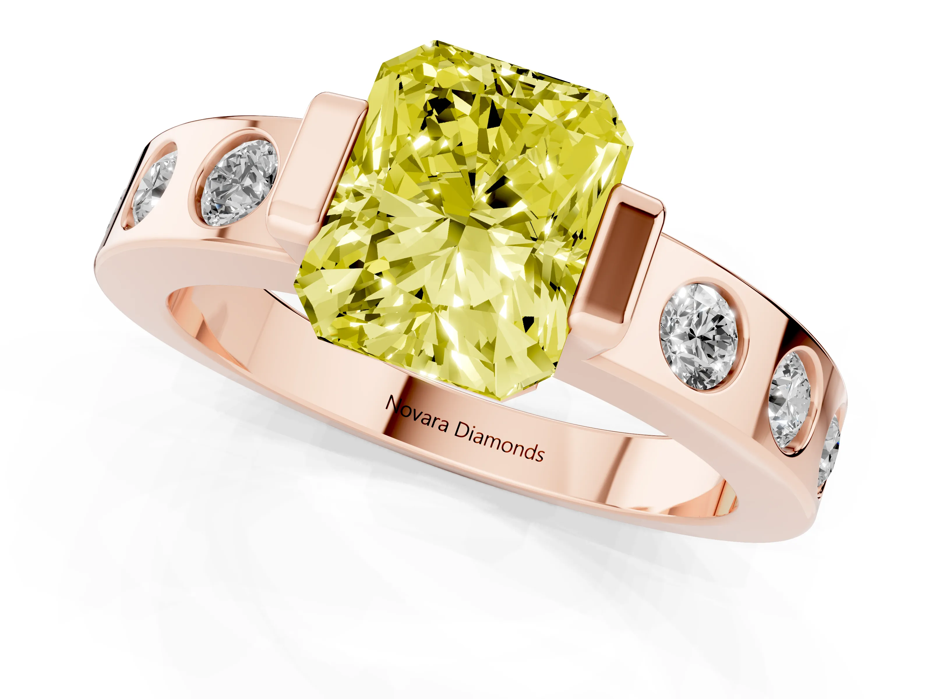 Fancy Yellow Radiant Cut Diamond Channel-Set Band Ring Set in Rose gold with Bezel Prong Setting