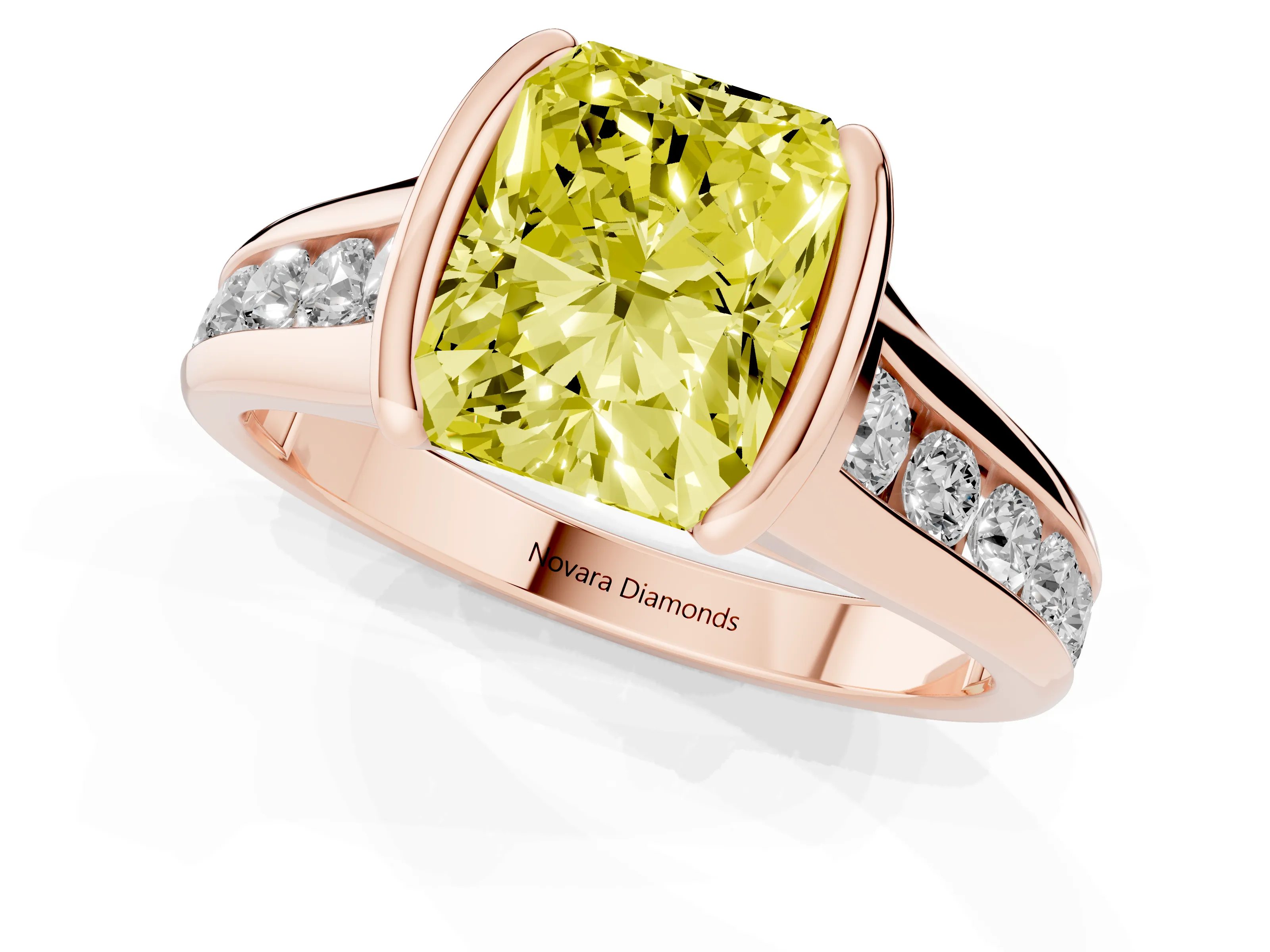 Fancy Yellow Radiant Cut Diamond Bezel-Set Solitaire Ring Set in Rose gold with Channel-Set Band
