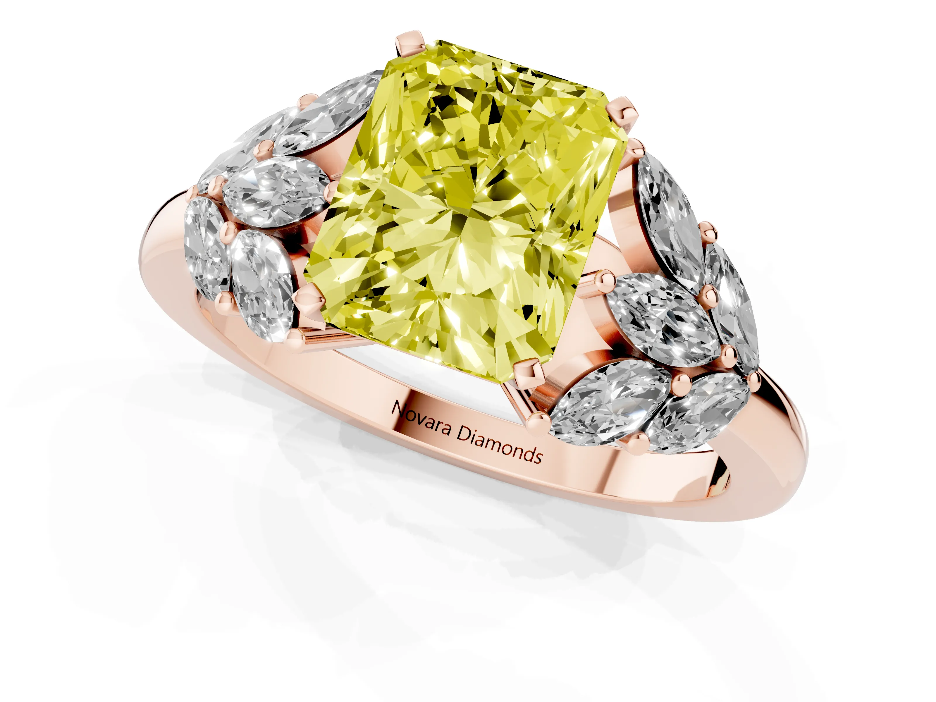 Fancy Yellow Radiant Cut Diamond Cluster Leaf Design Ring Set in Rose gold with Prong Setting