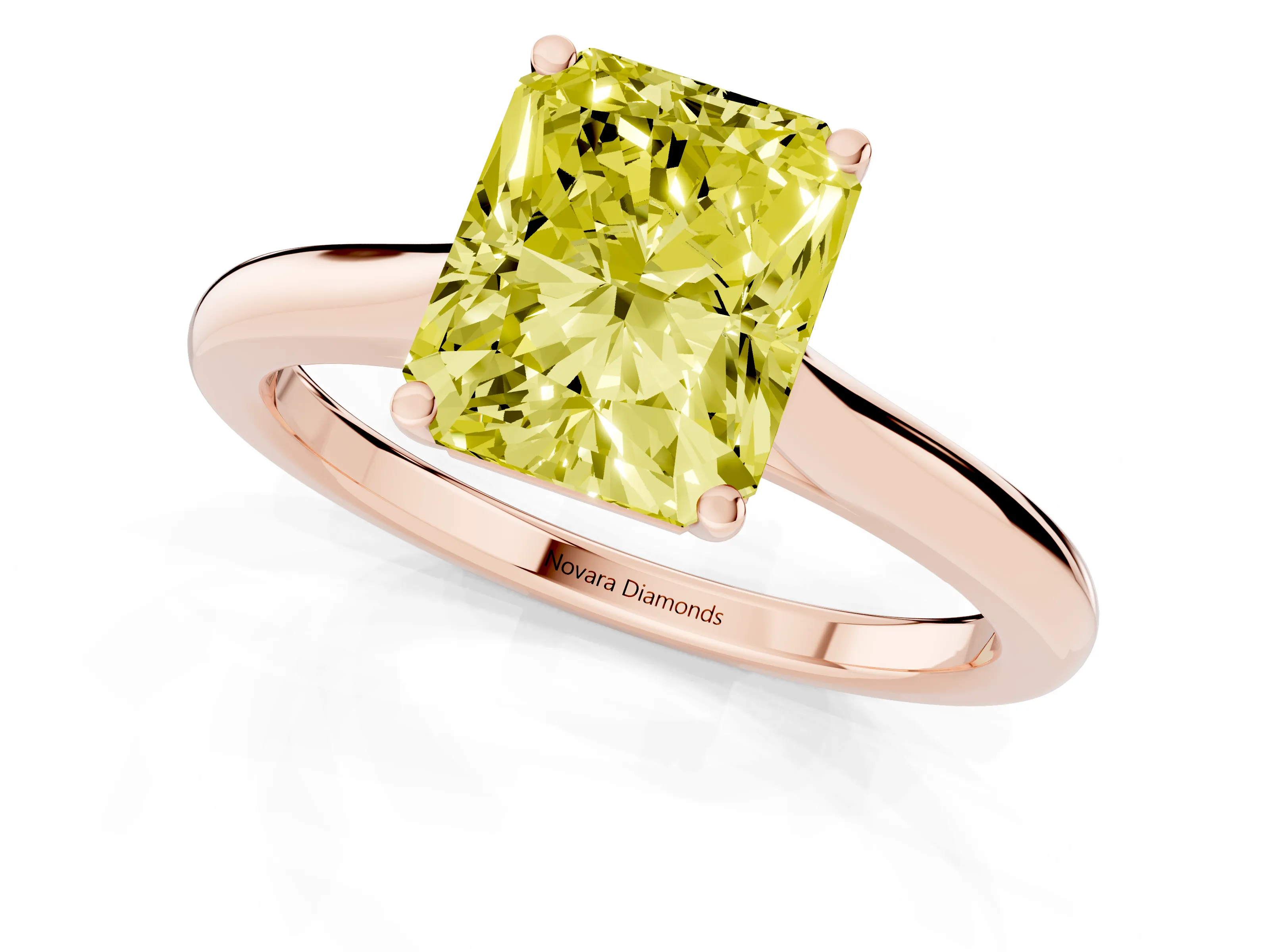 Fancy Yellow Radiant Cut Diamond Solitaire Ring Set in Rose gold with Cathedral Band and Prong Setting
