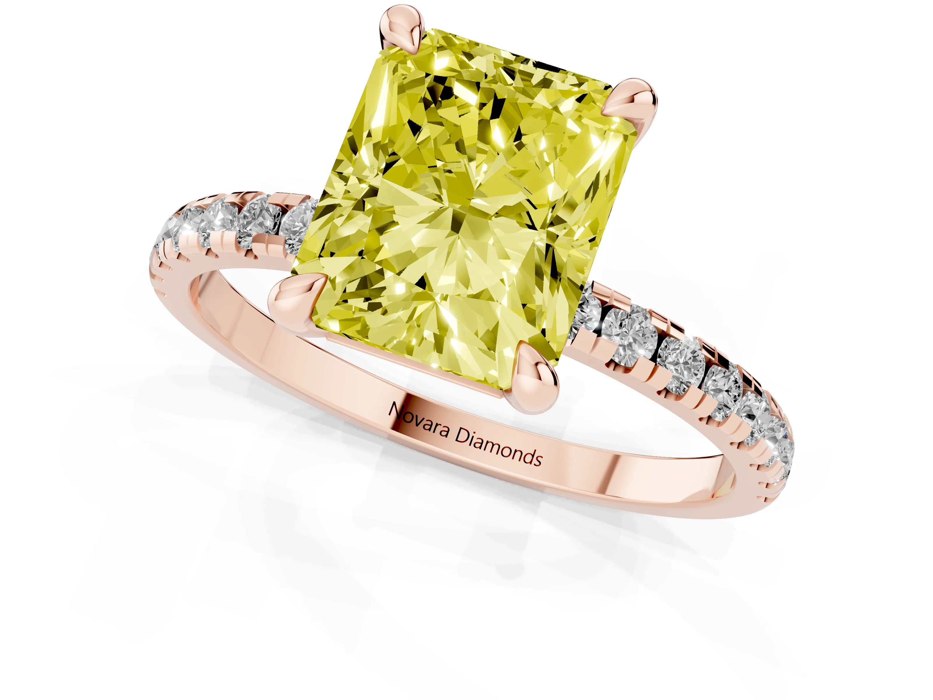 Fancy Yellow Radiant Cut Diamond Brilliant Solitaire Ring Set in Rose gold with Pavé Band and Prong Setting