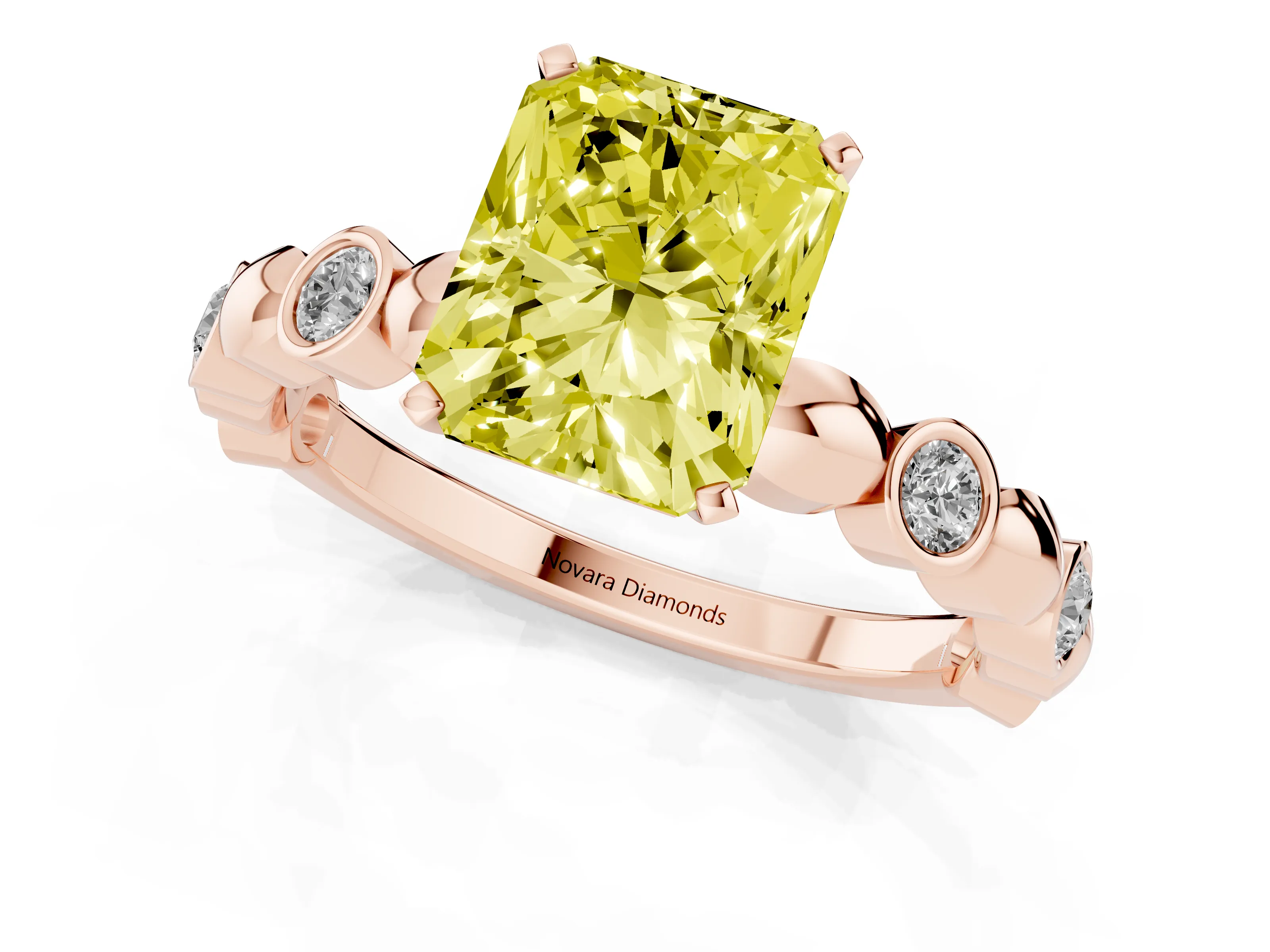 Fancy Yellow Radiant Cut Diamond Solitaire Ring Set in Rose gold with Bezel-Set Accents on Beaded Band and Prong Setting