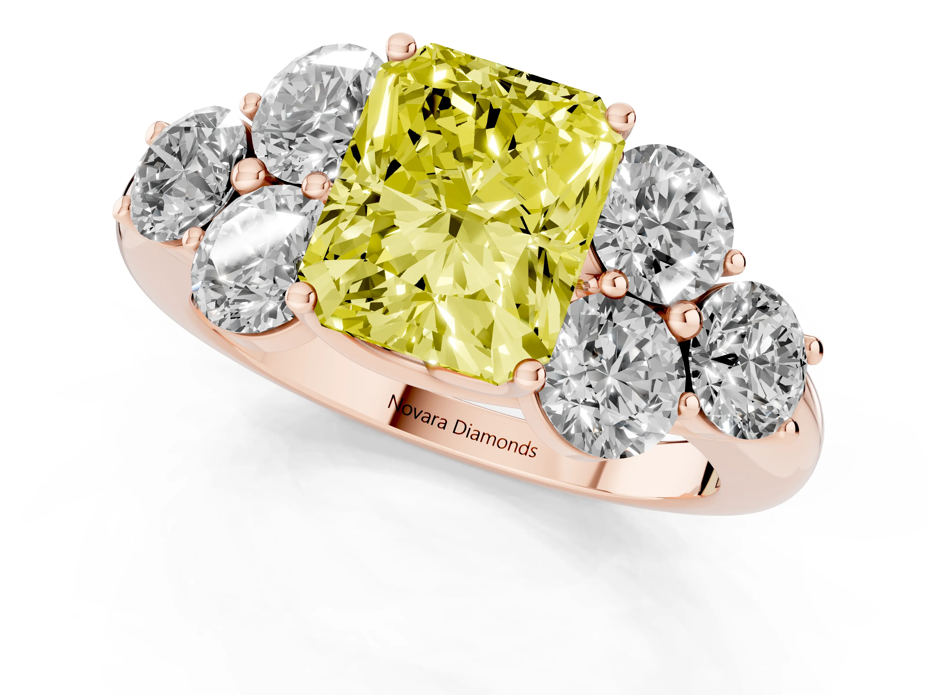 Fancy Yellow Radiant Cut Diamond Cluster Ring Set in Rose gold with Round Accent Stones and Prong Setting on a Plain Band