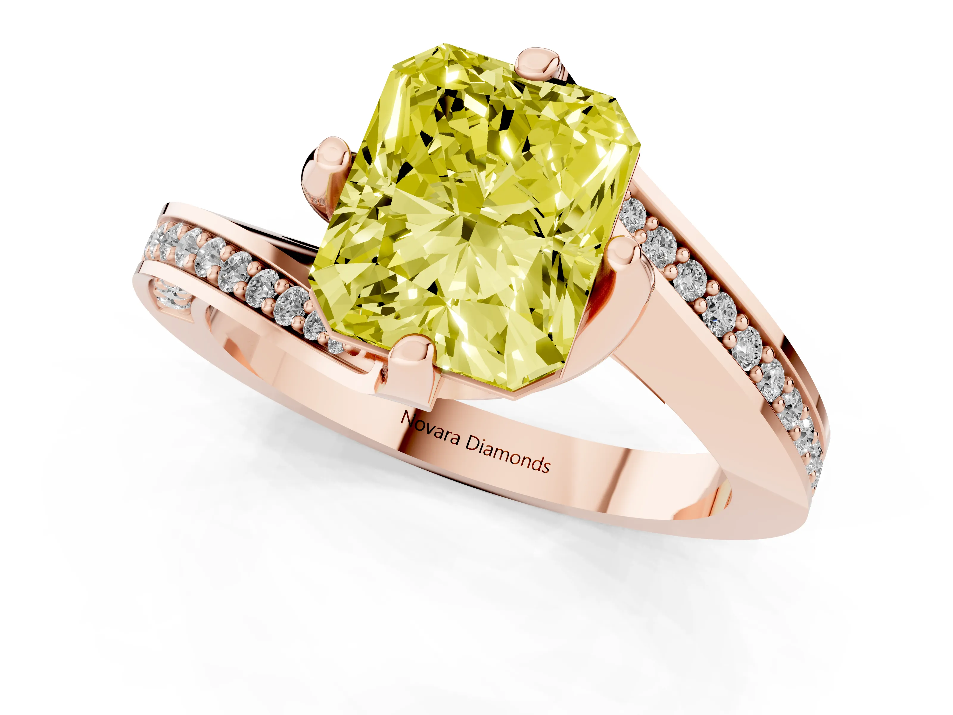 Fancy Yellow Radiant Cut Diamond Solitaire Ring Set in Rose gold with Intertwined Pavé Twist Band