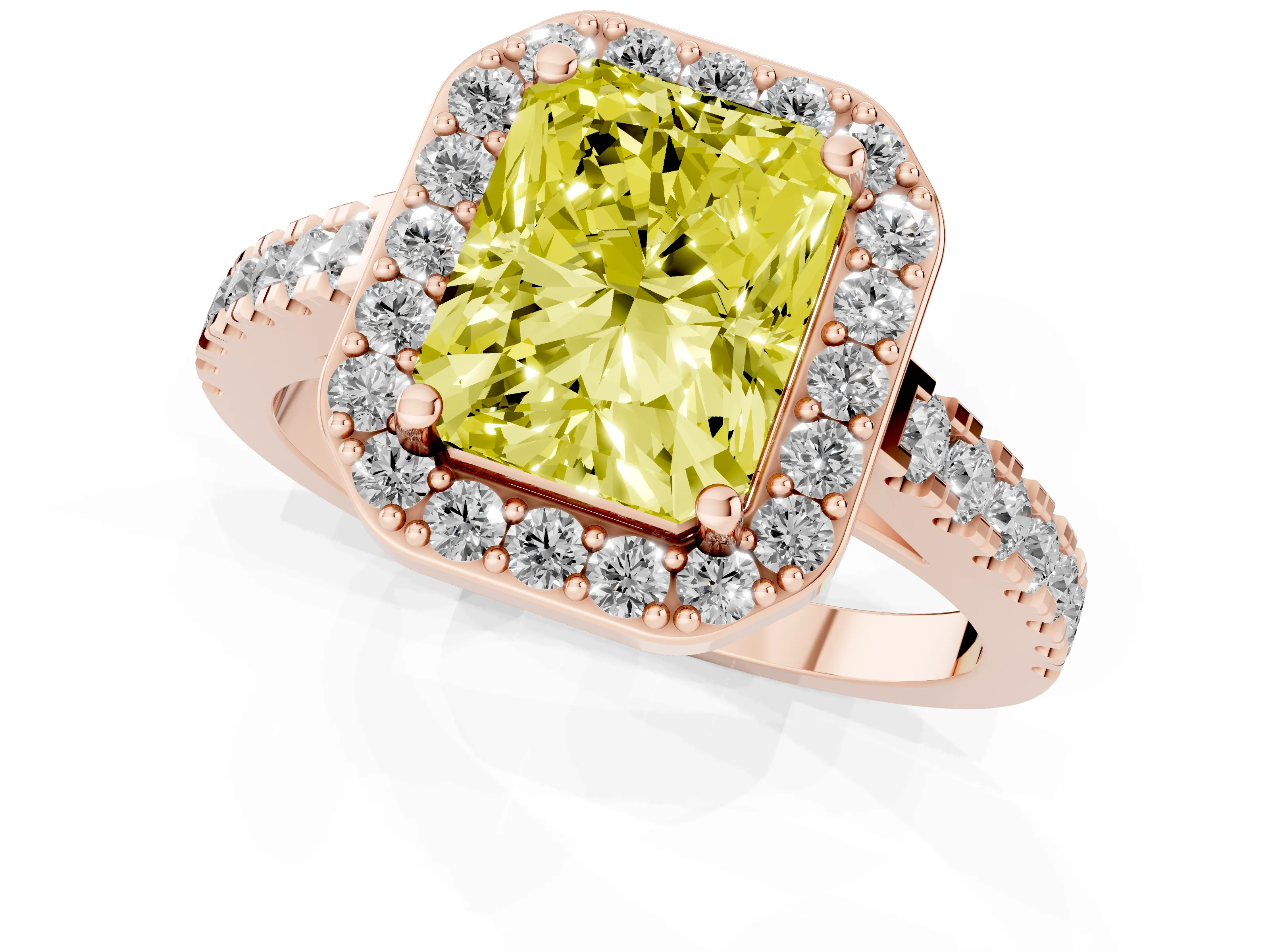 Fancy Yellow Radiant Cut Diamond Halo Ring Set in Rose gold with Round Pavé Split Shank and Prong Setting