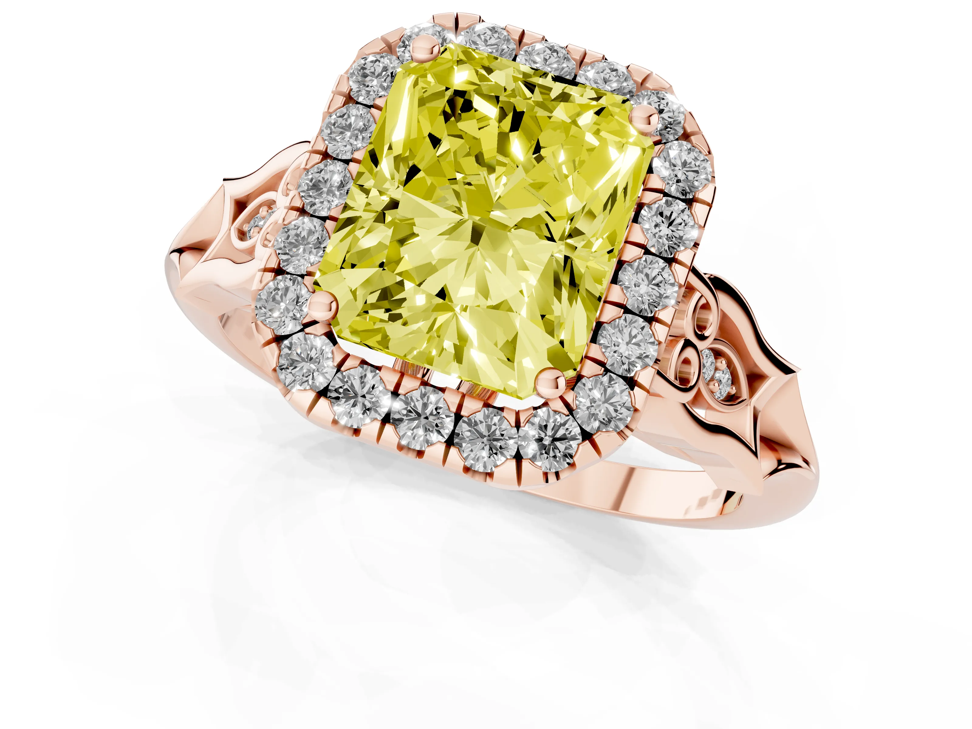 Fancy Yellow Radiant Cut Diamond Halo Engagement Ring Set in Rose gold with Filigree Band and Prong-Set Center