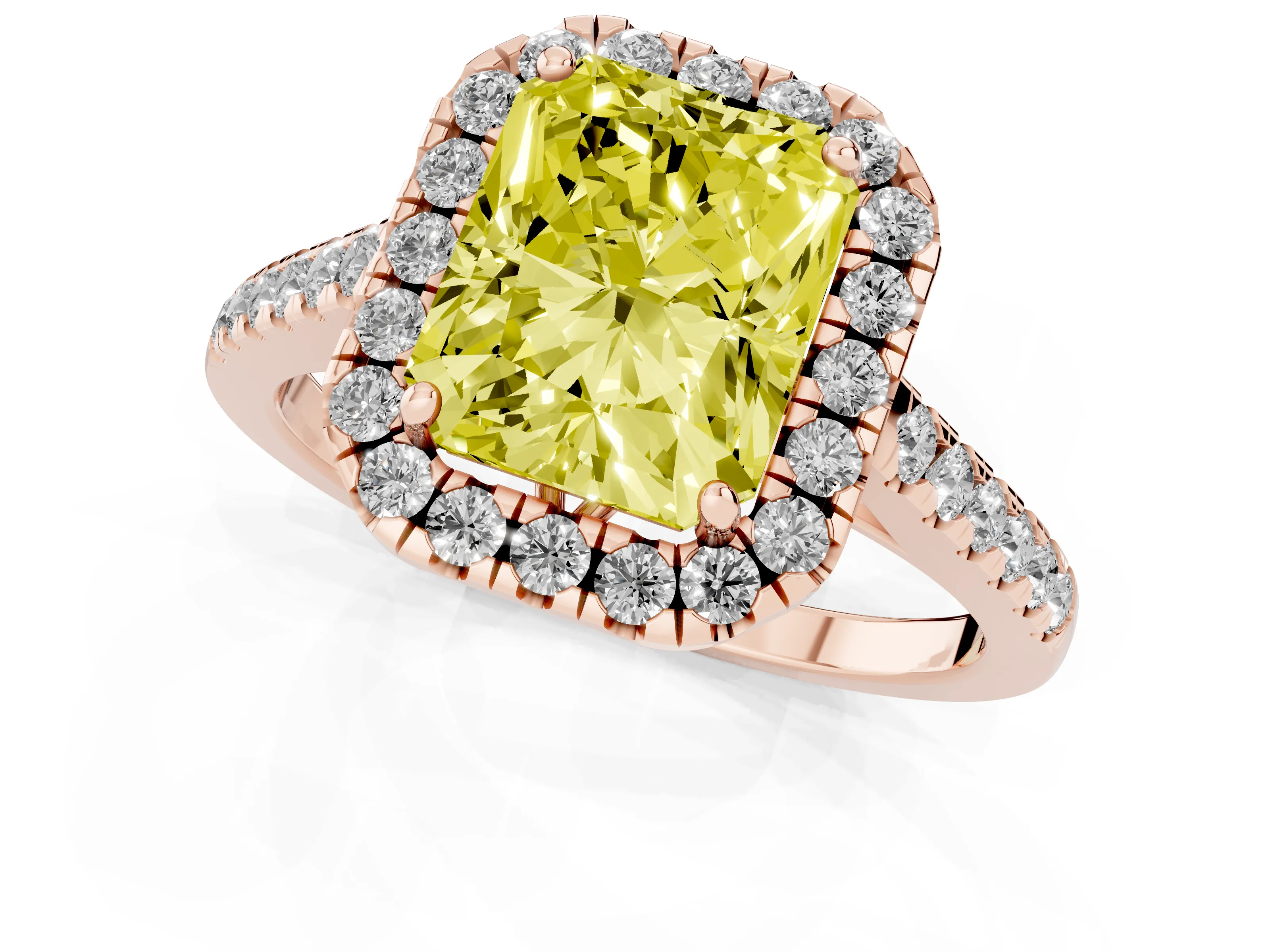 Fancy Yellow Radiant Cut Diamond Pavé Halo Engagement Ring Set in Rose gold with Pavé Band and Prong Setting