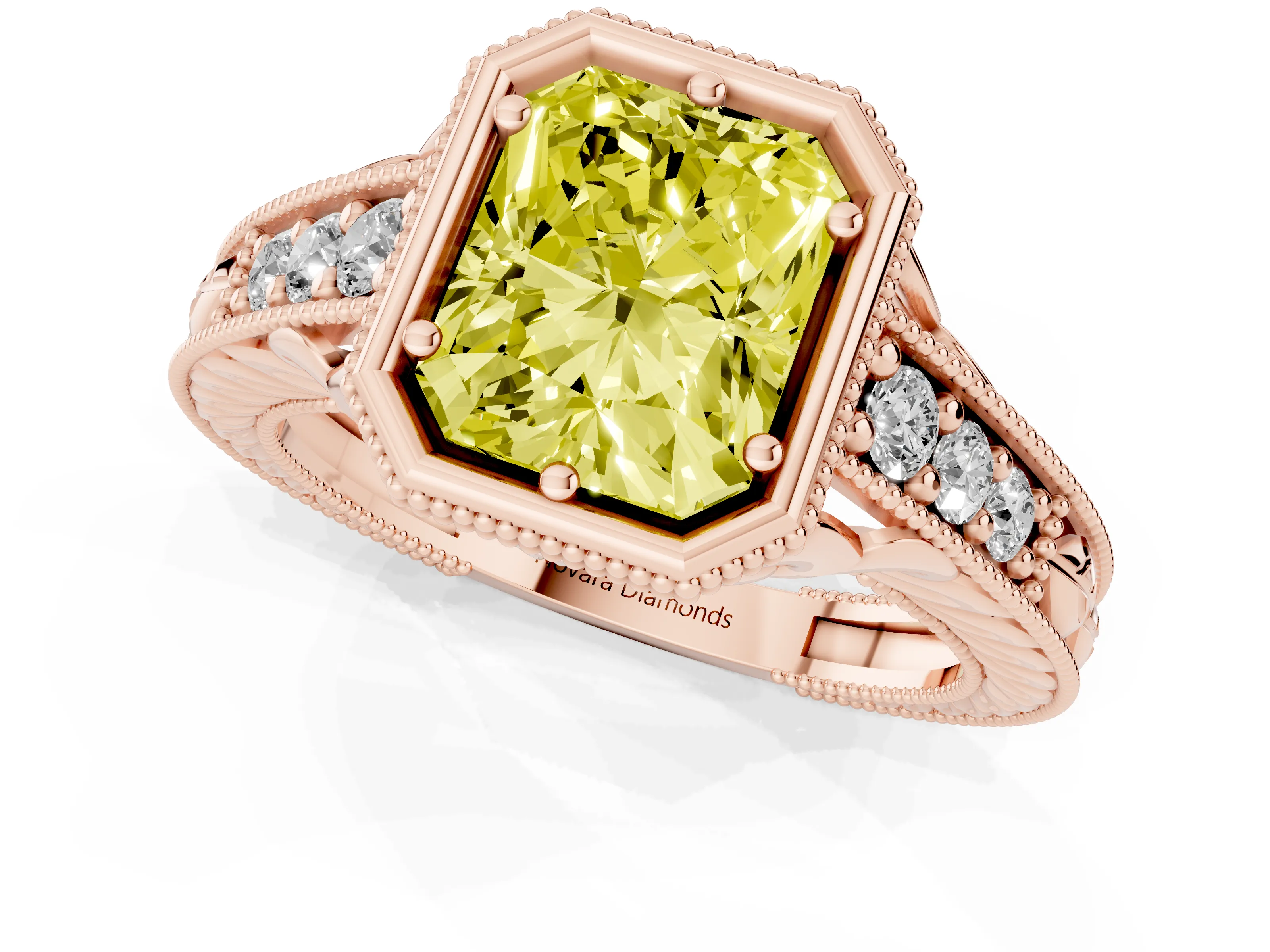 Fancy Yellow Bezel Set Radiant Cut Diamond Milgrain Pavé Engagement Ring Set in Rose gold