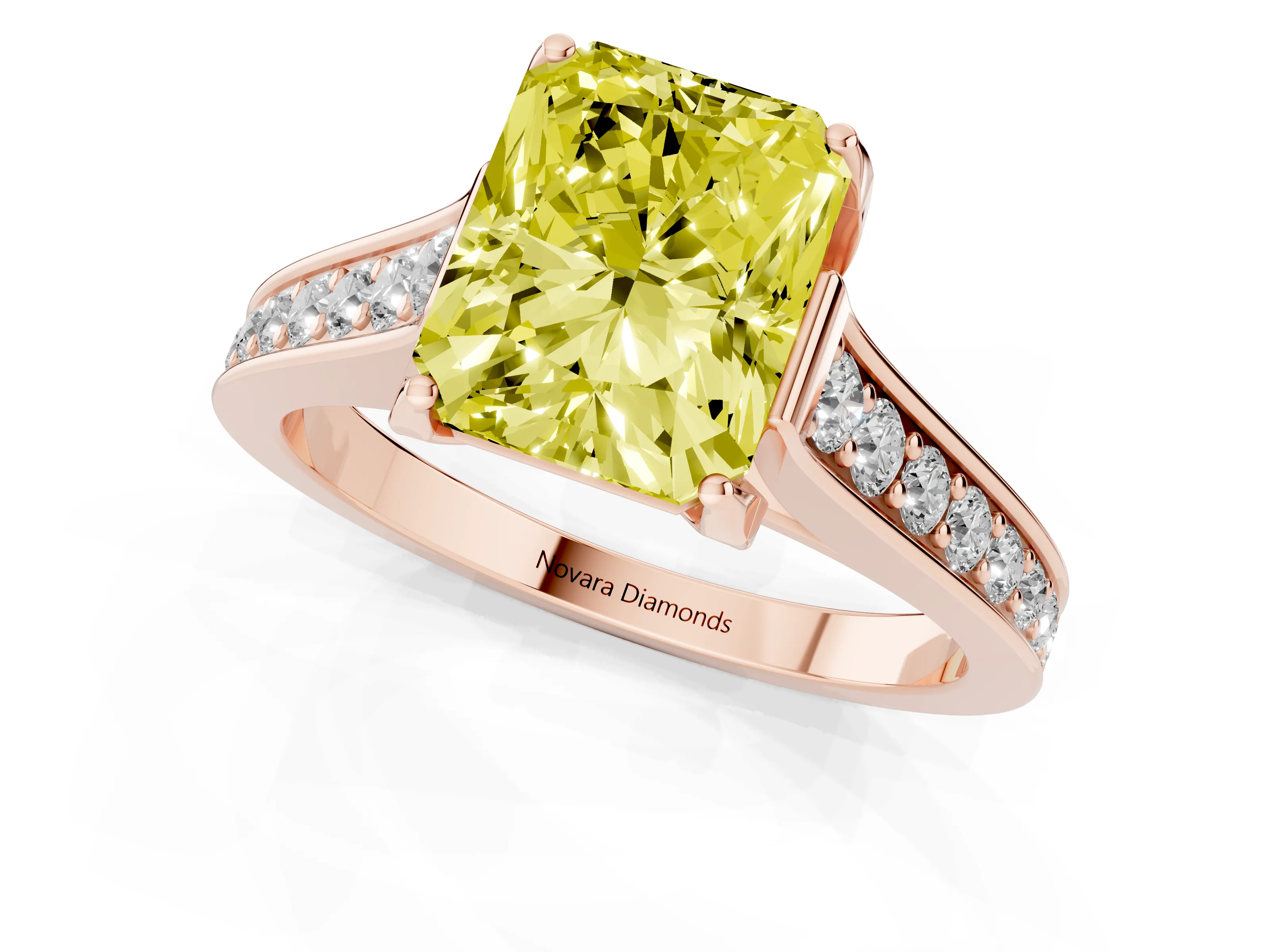 Fancy Yellow Radiant Cut Diamond Solitaire Pavé Engagement Ring Set in Rose gold with Prong Setting
