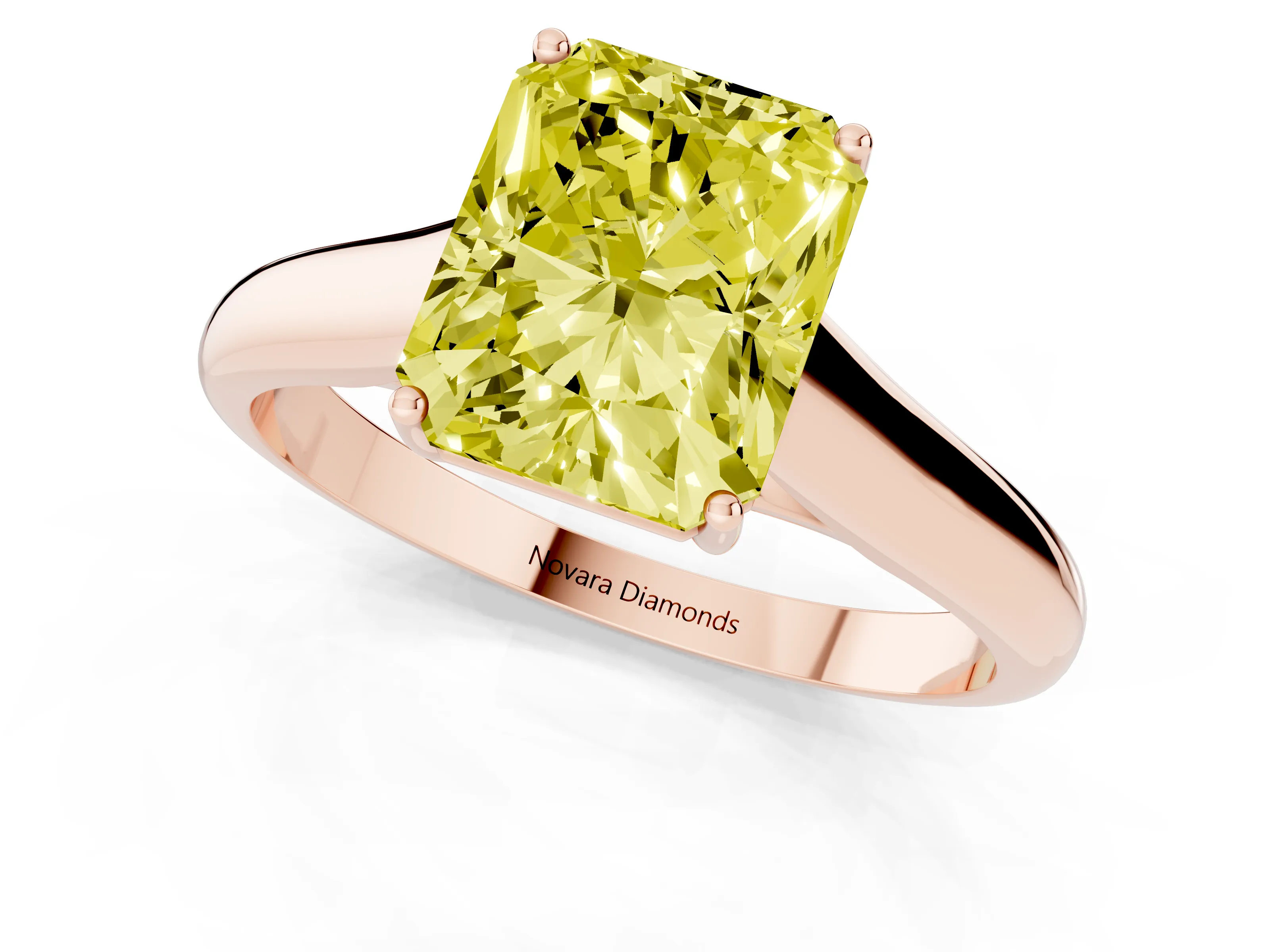 Fancy Yellow Radiant Cut Diamond Solitaire Engagement Ring Set in Rose gold with Subtly Tapered Band and Prong Setting