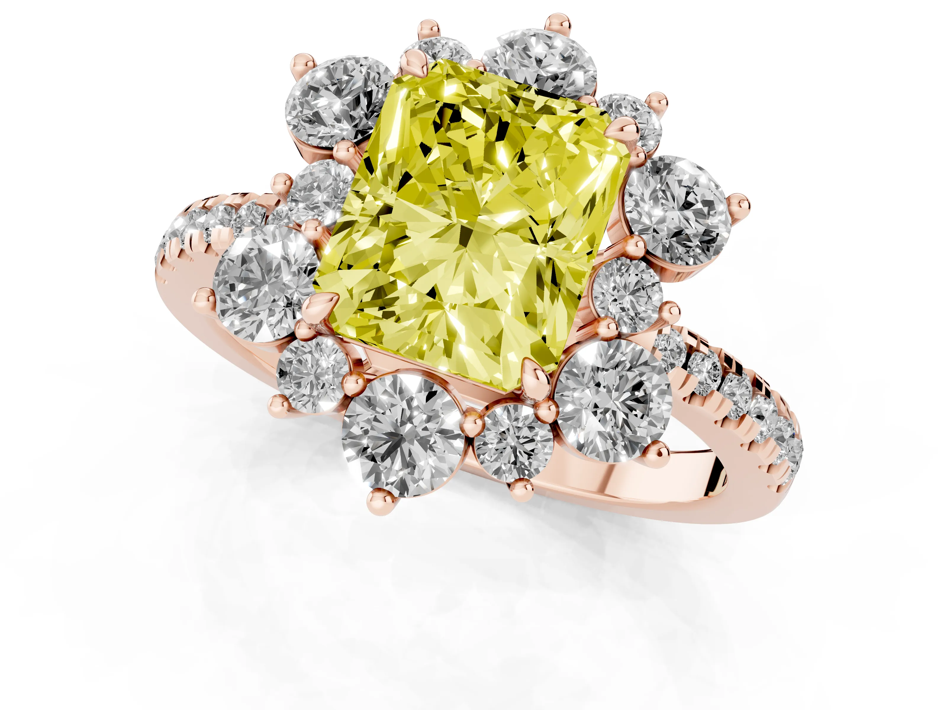 Fancy Yellow Radiant Cut Diamond Floral Halo Ring Set in Rose gold with Round Pavé Band and Prong Setting
