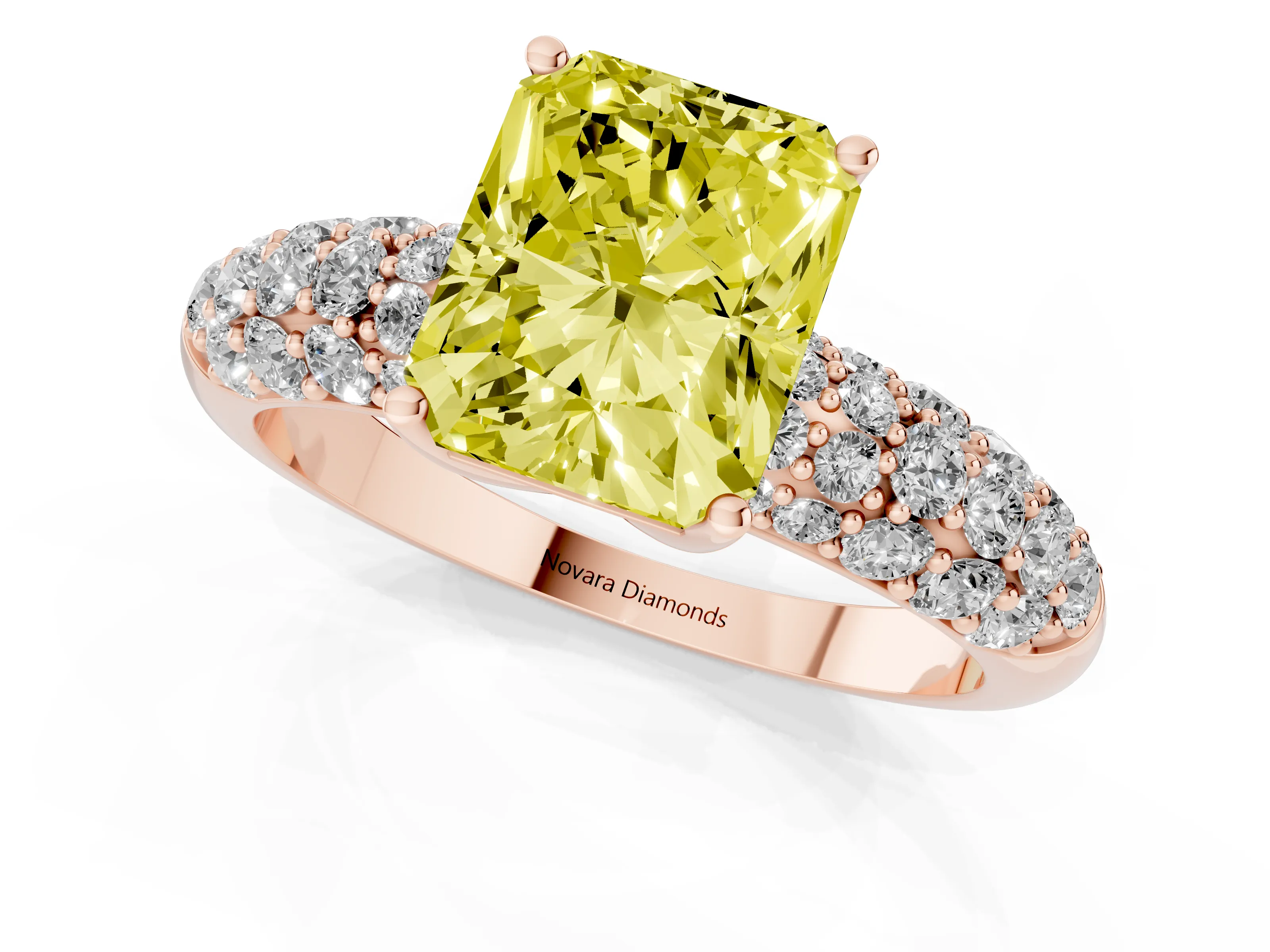 Fancy Yellow Radiant Cut Diamond Pavé Band Solitaire Ring Set in Rose gold with Close-Set Accent Stones and Prong Setting