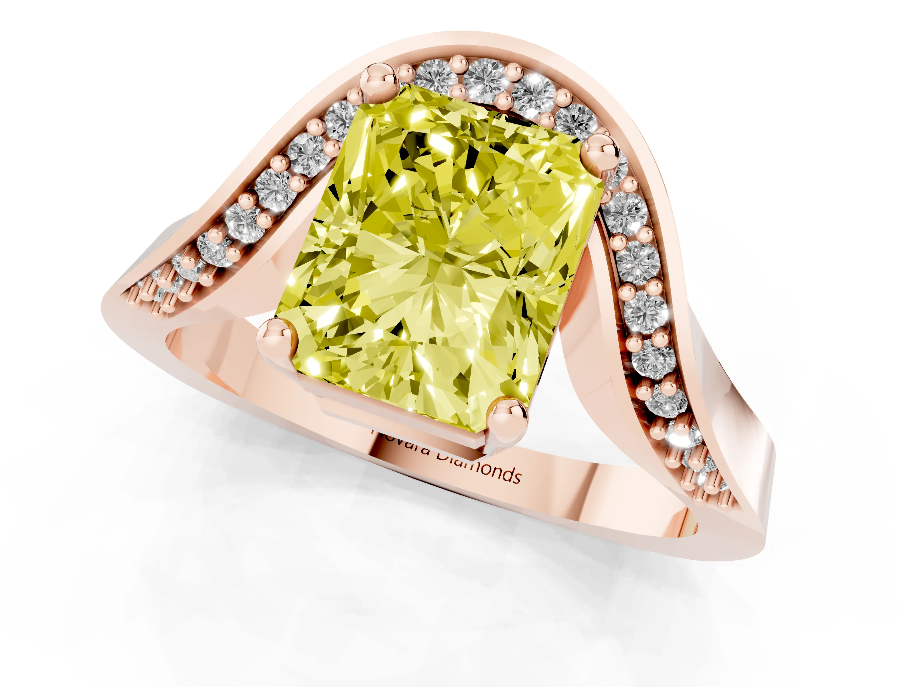 Fancy Yellow Radiant Cut Diamond Solitaire Engagement Ring Set in Rose gold with Pavé Shoulders