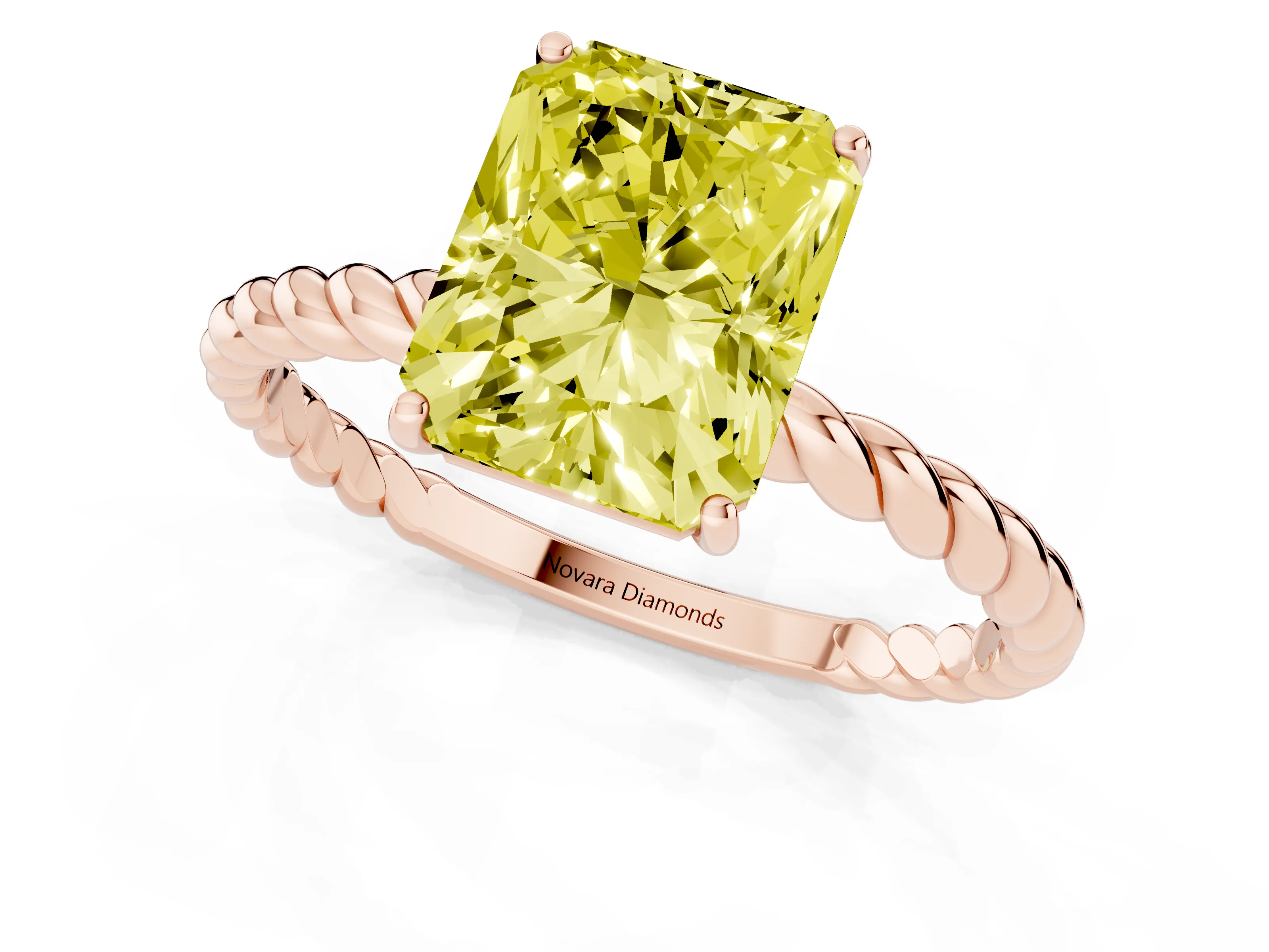Fancy Yellow Radiant Cut Diamond Solitaire Ring Set in Rose gold with Twist Band and Prong Setting