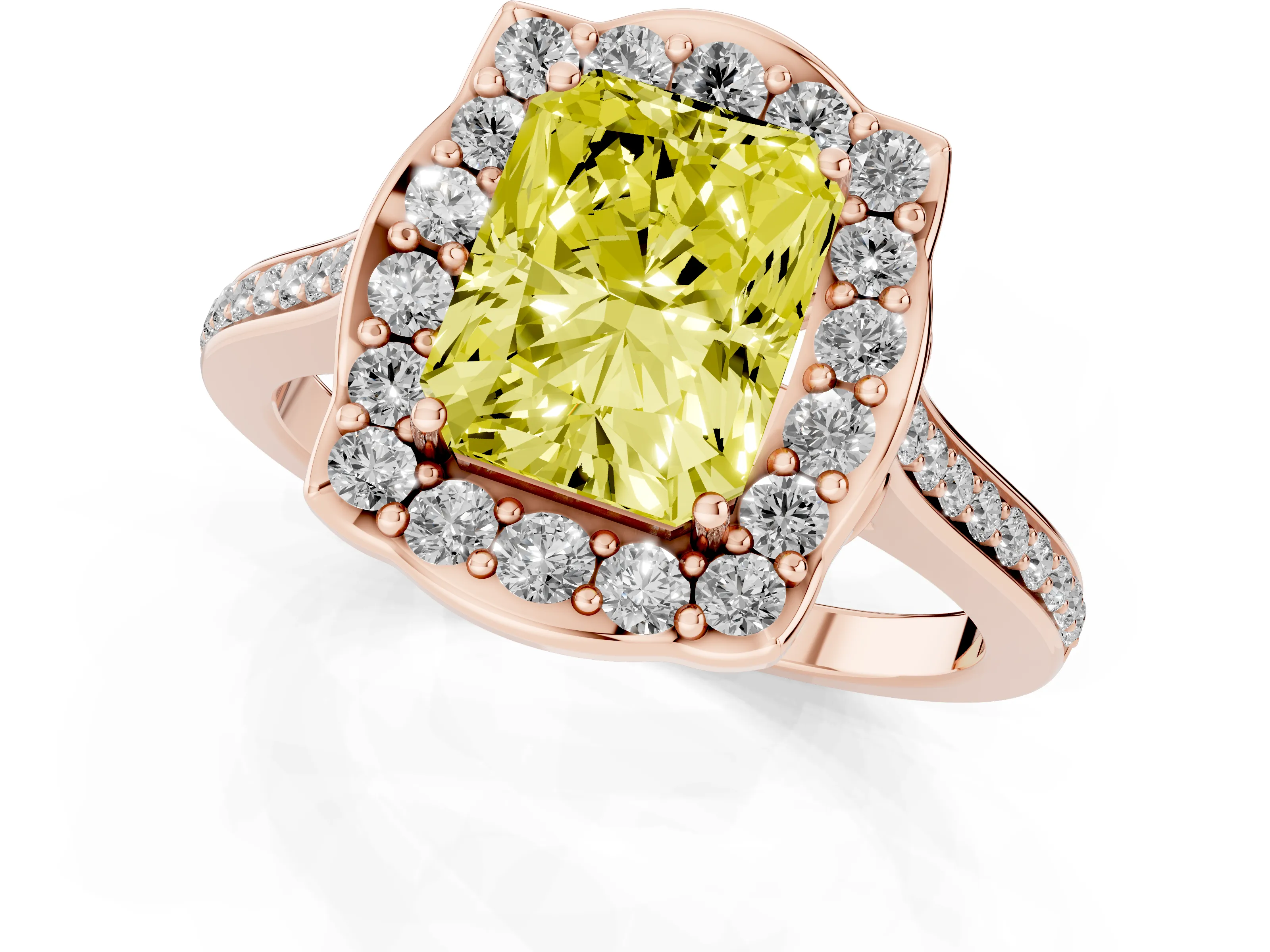 Fancy Yellow Radiant Cut Diamond Halo Ring Set in Rose gold with Pavé-Lined Shoulders and Prong Setting