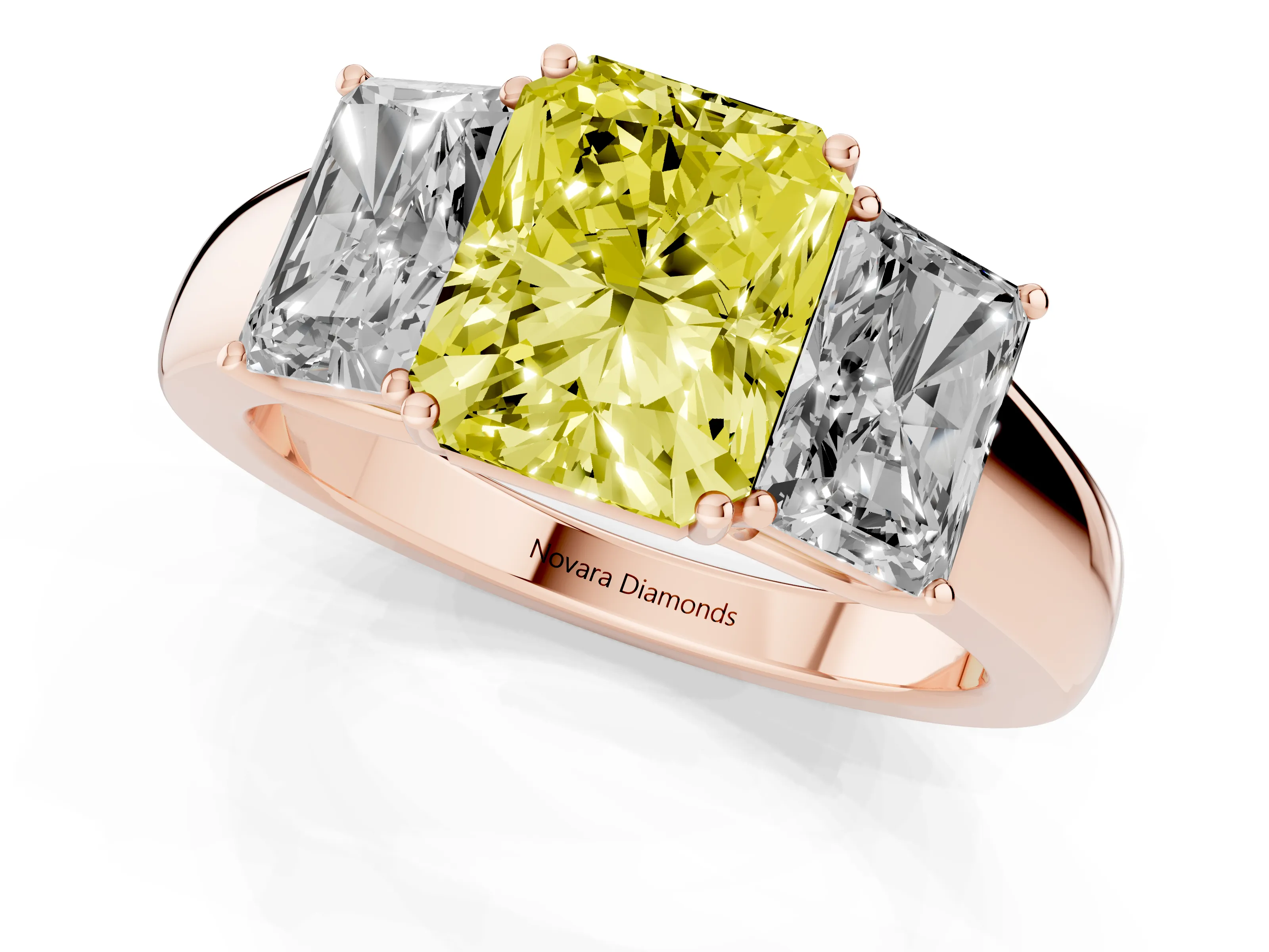 Fancy Yellow Three-Stone Radiant Cut Diamond Ring Set in Rose gold with Matching Prong Settings and Plain Band