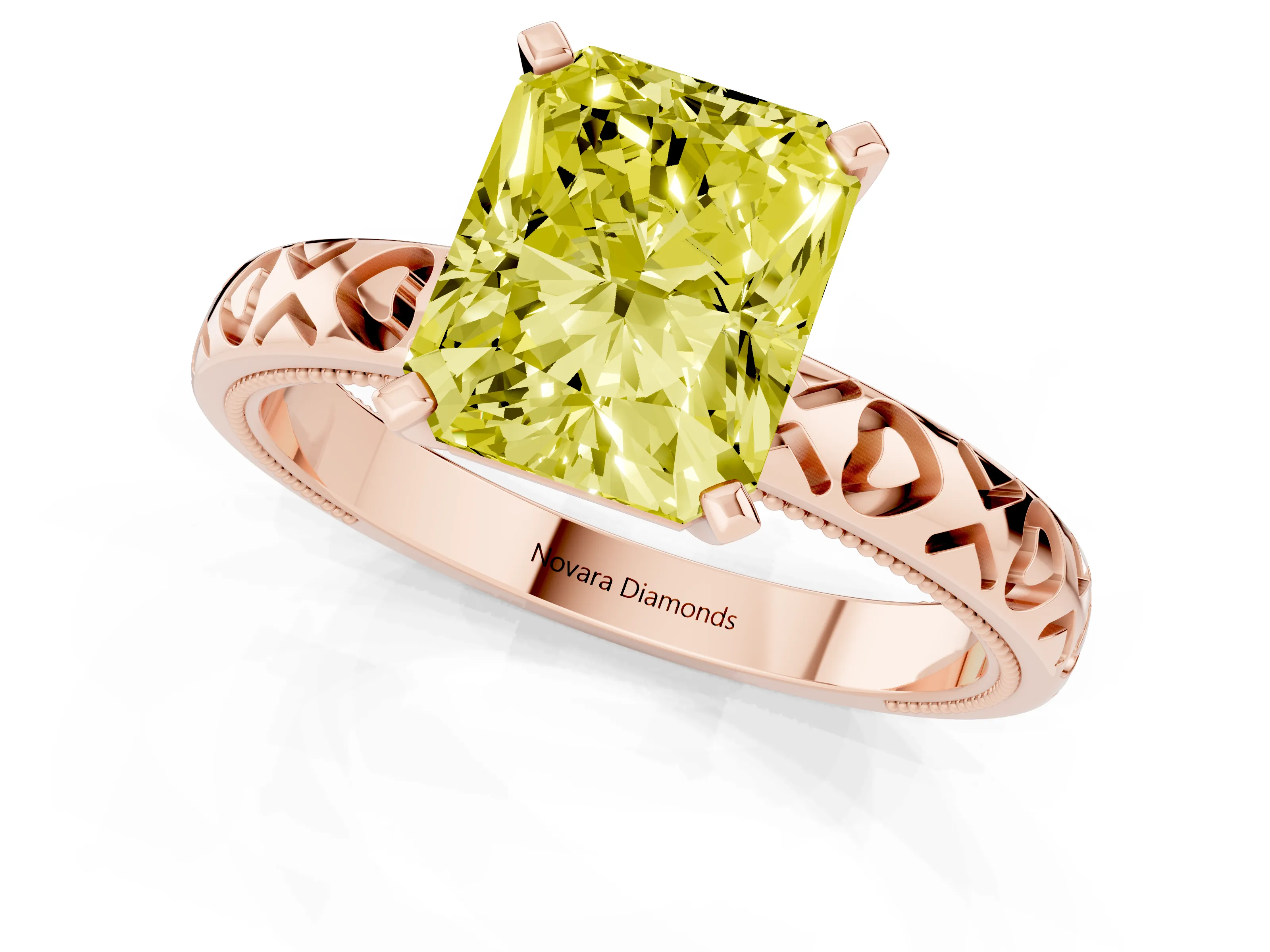 Fancy Yellow Radiant Cut Diamond Solitaire Engagement Ring Set in Rose gold with XO Engraved Band and Prong Setting