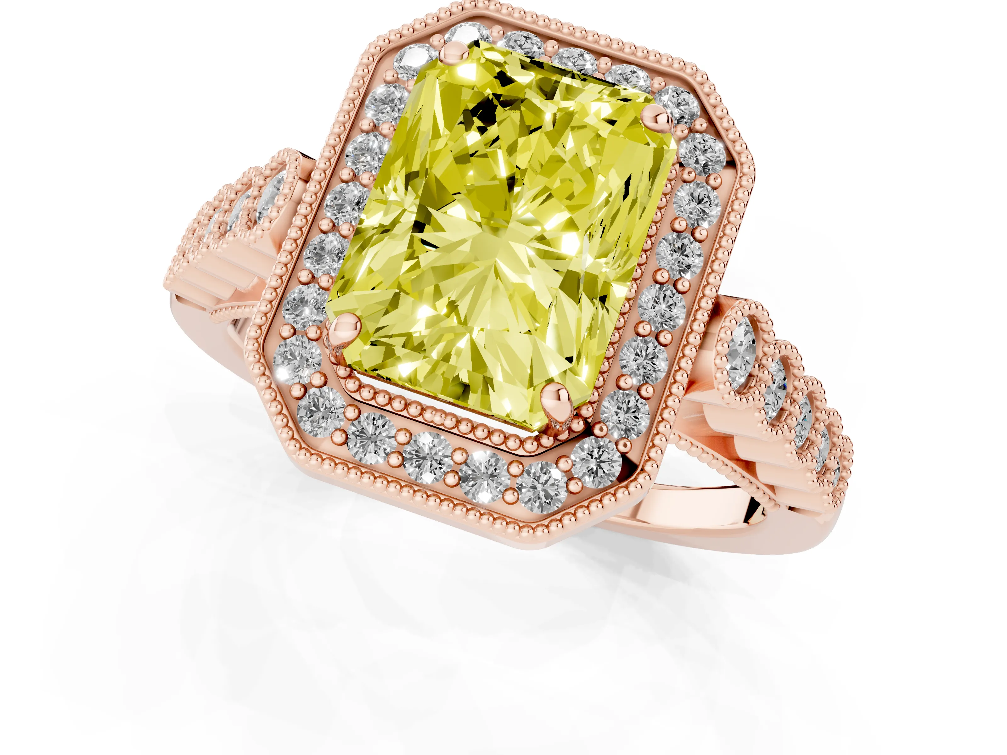 Fancy Yellow Radiant Cut Diamond Milgrain Halo Solitaire Ring Set in Rose gold with Bezel Set Side Stones and Pavé Band