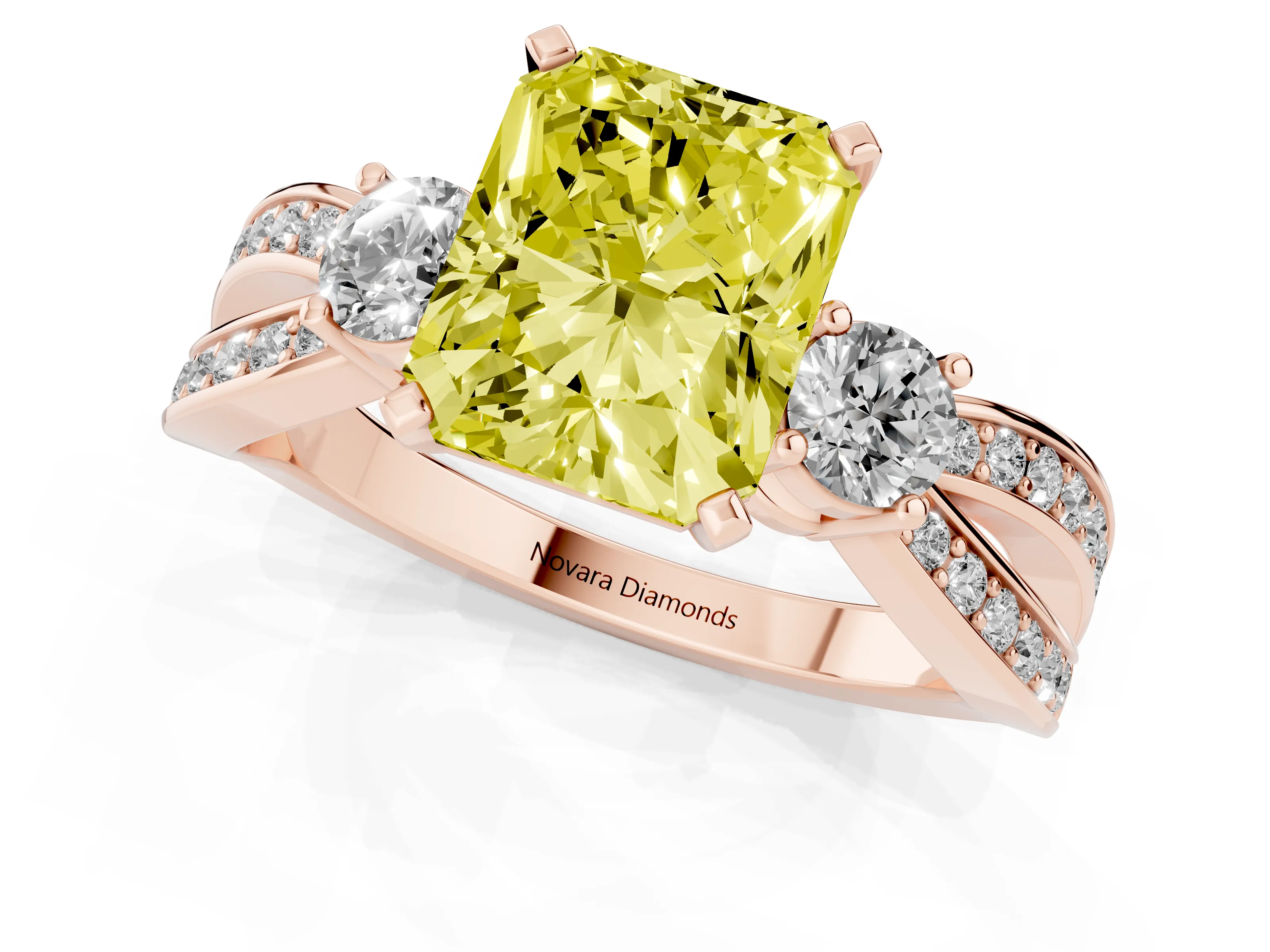 Fancy Yellow Three-Stone Radiant Cut Diamond Twist Band Ring Set in Rose gold with Pavé Accents and Prong Setting