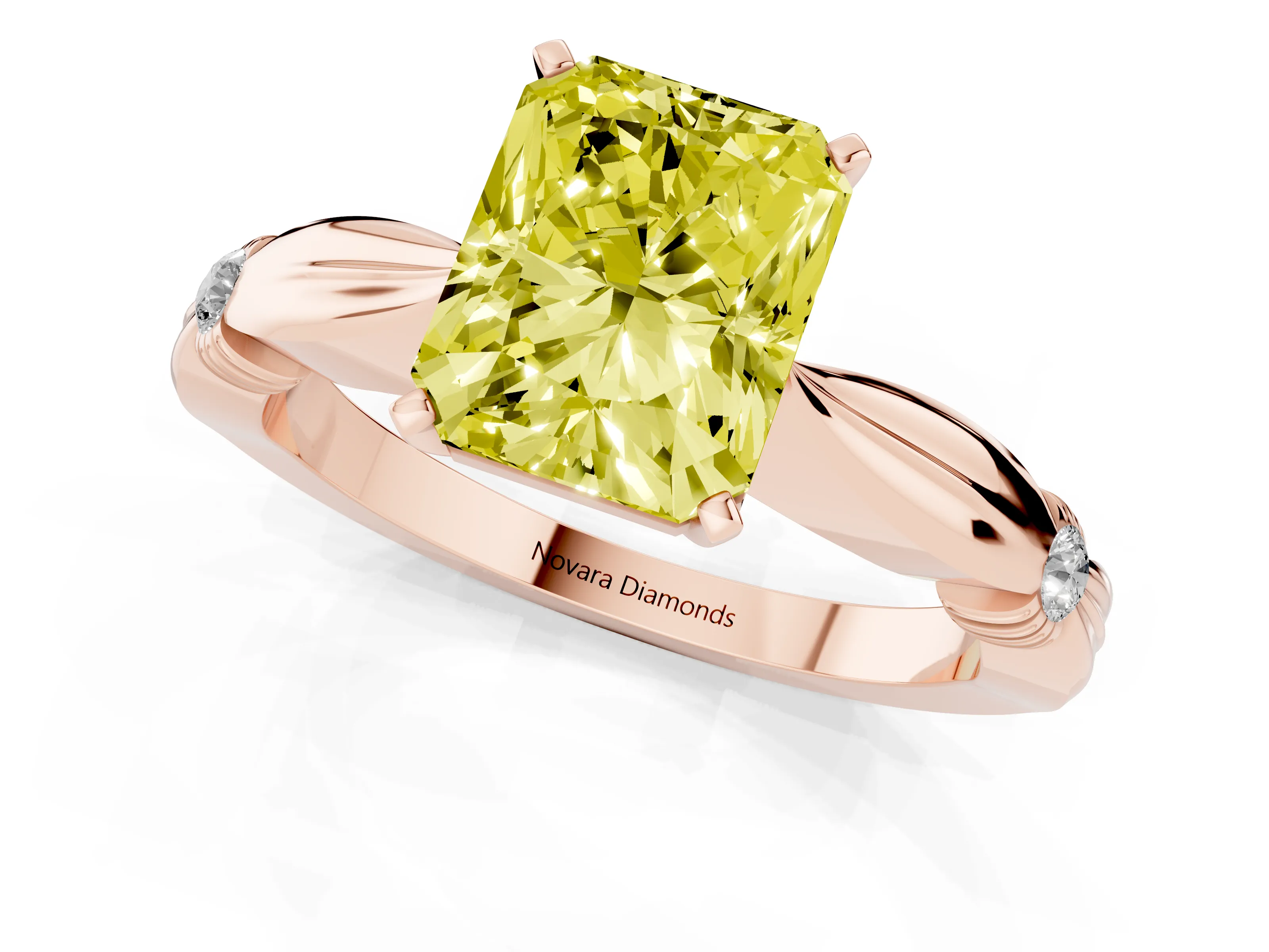 Fancy Yellow Radiant Cut Diamond Solitaire Twisted Band Ring Set in Rose gold with Accent Stones and Prong Setting – second view