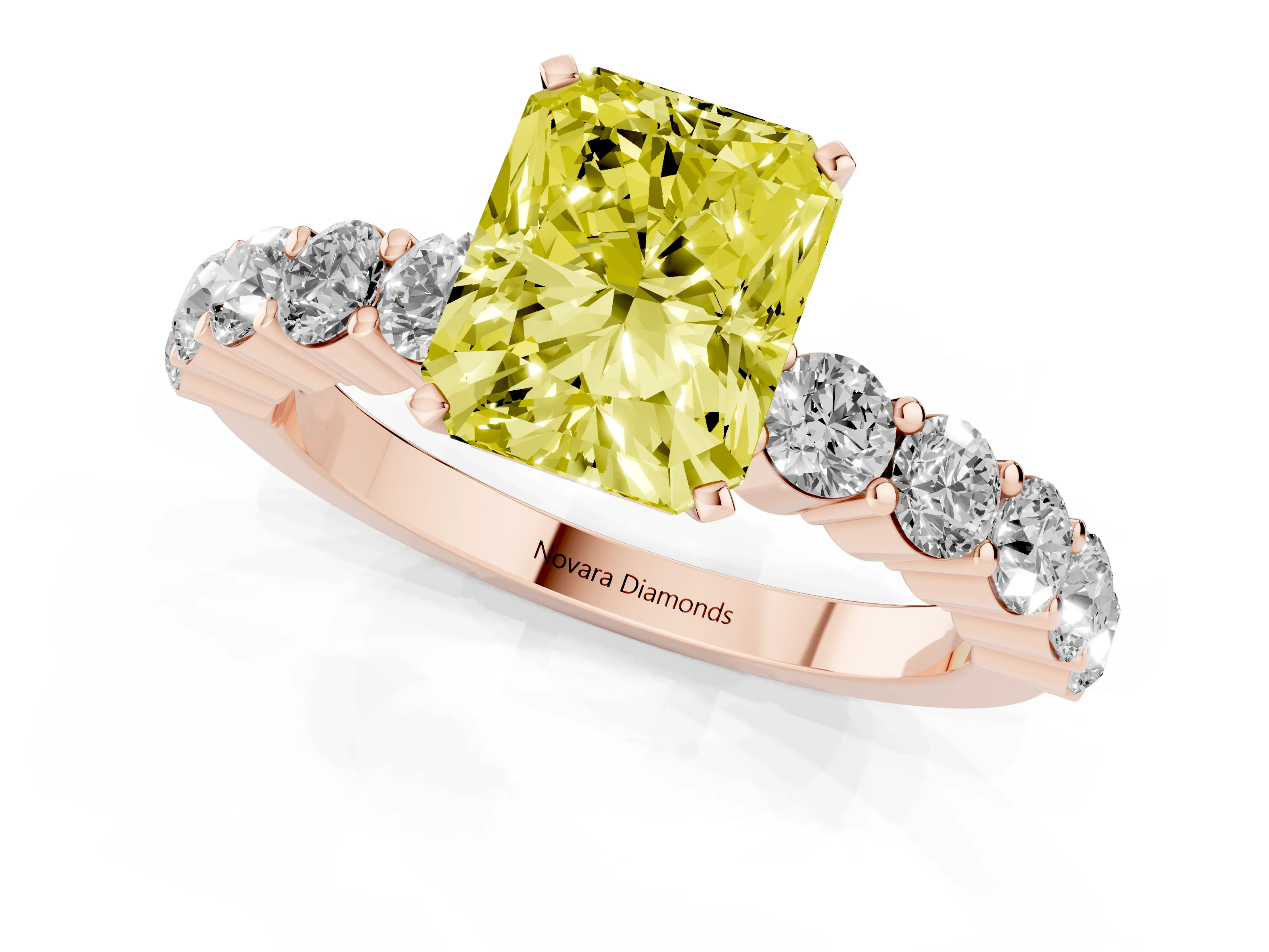 Fancy Yellow Radiant Cut Diamond Solitaire Ring Set in Rose gold with Shared Prong Round Side Stones