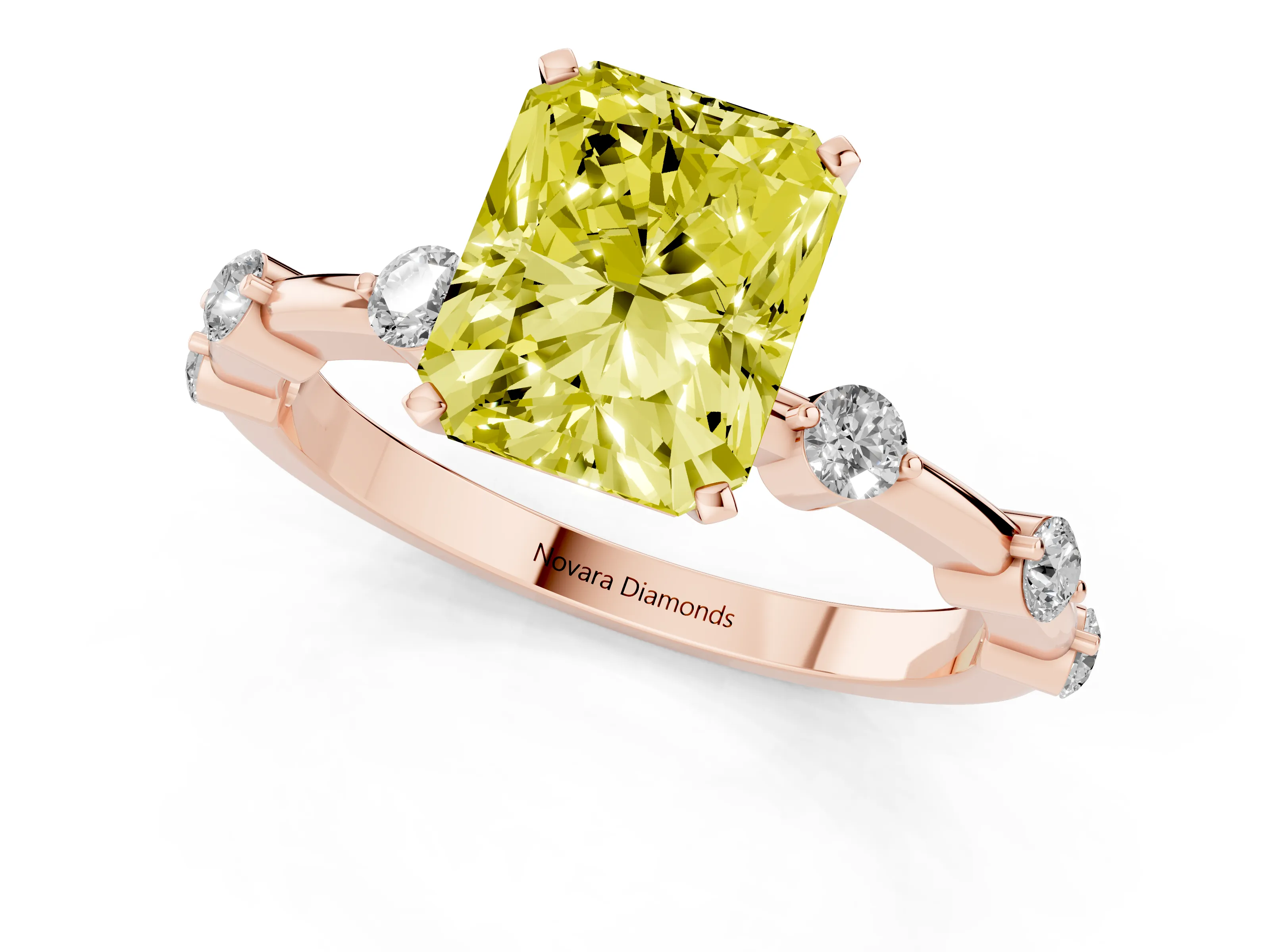 Fancy Yellow Radiant Cut Diamond Solitaire Ring Set in Rose gold with Bezel Set Side Stones and Prong Setting