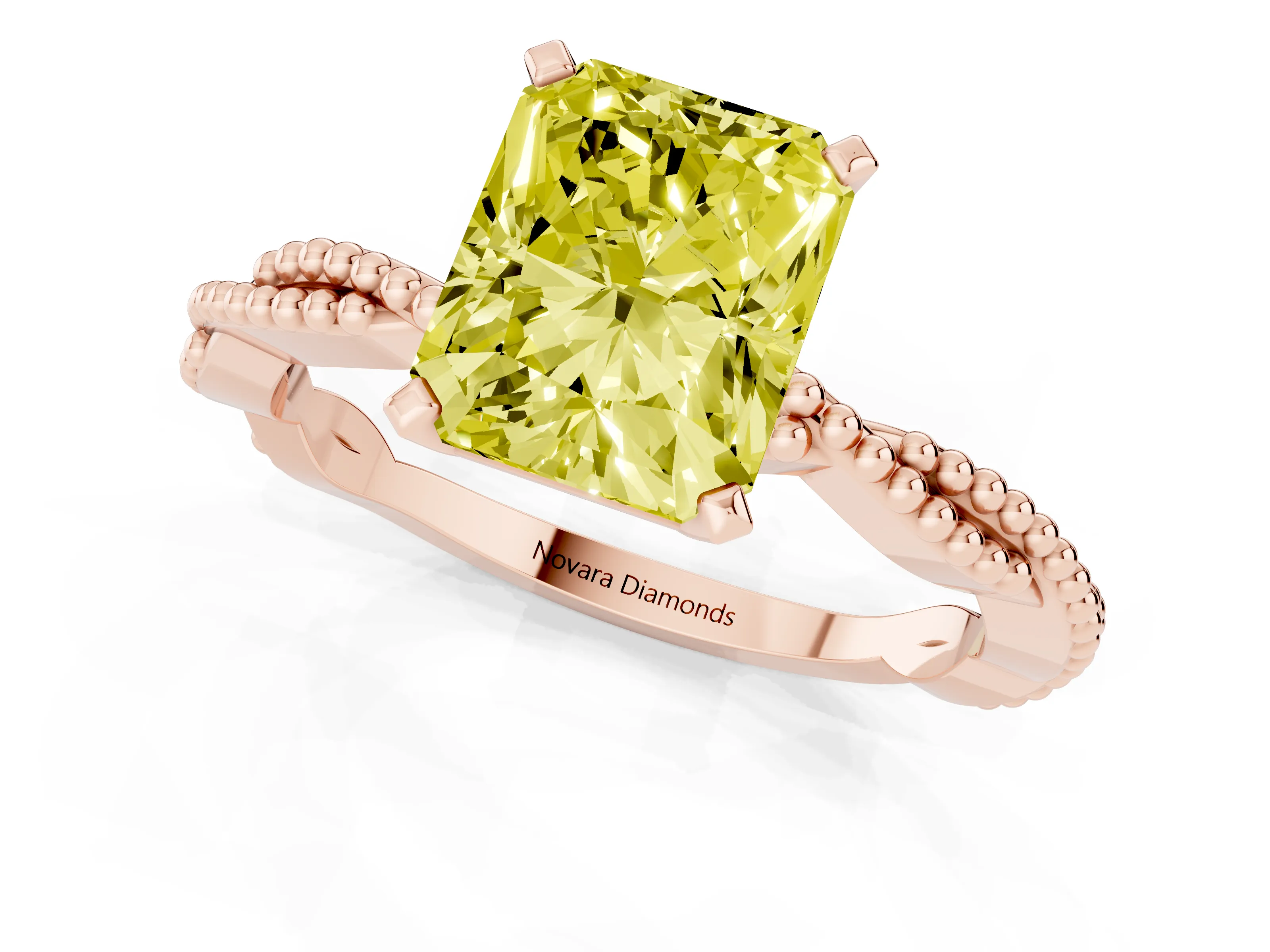 Fancy Yellow Radiant Cut Diamond Solitaire Ring Set in Rose gold with Twisted Band and Bead Prong Setting