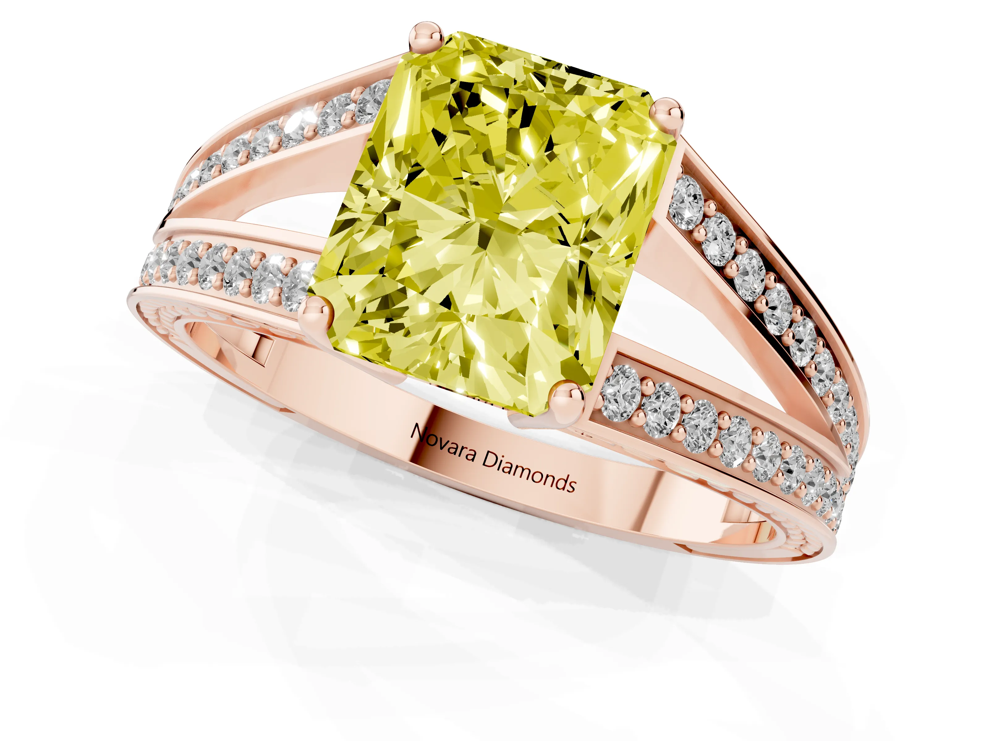 Fancy Yellow Radiant Cut Diamond Split Shank Ring Set in Rose gold with Pavé Band and Prong Setting