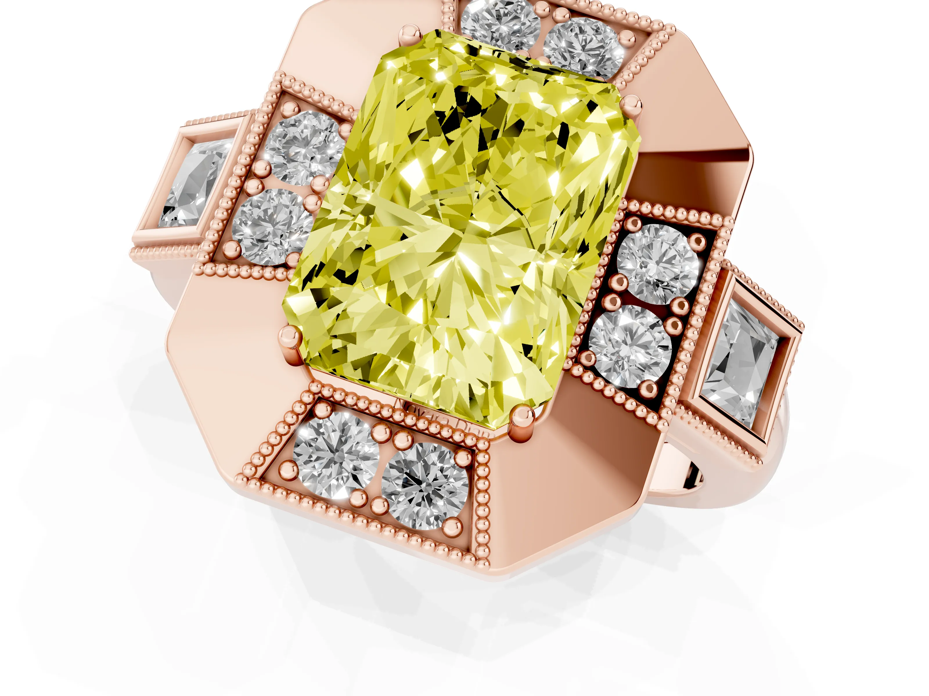 Fancy Yellow Radiant Cut Diamond Milgrain Halo Ring Set in Rose gold with Split Shank