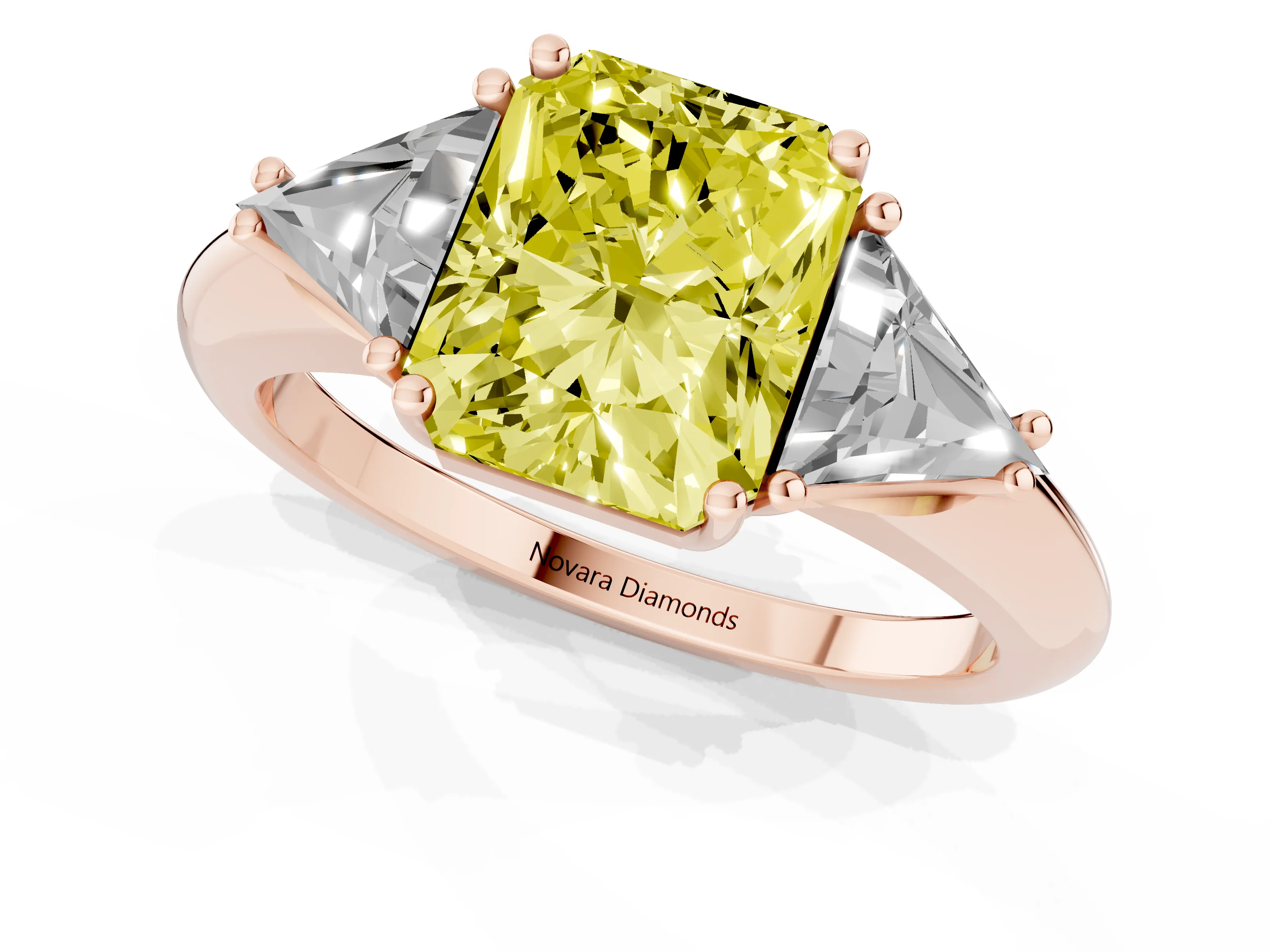 Fancy Yellow Radiant Cut Diamond Three-Stone Engagement Ring Set in Rose gold with Trillion Side Stones