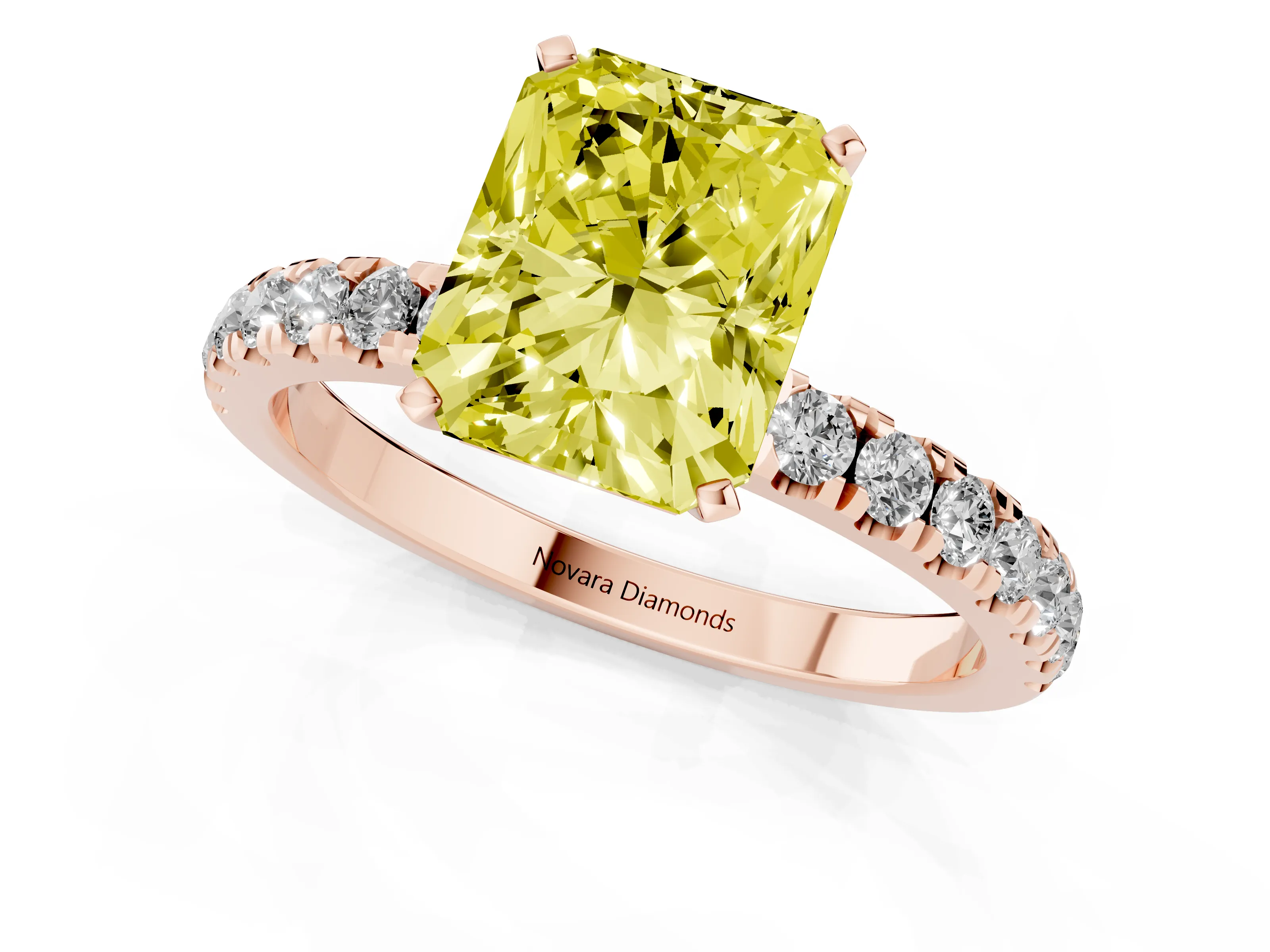 Fancy Yellow Radiant Cut Diamond Solitaire Ring Set in Rose gold with Pavé Accents and Prong Setting