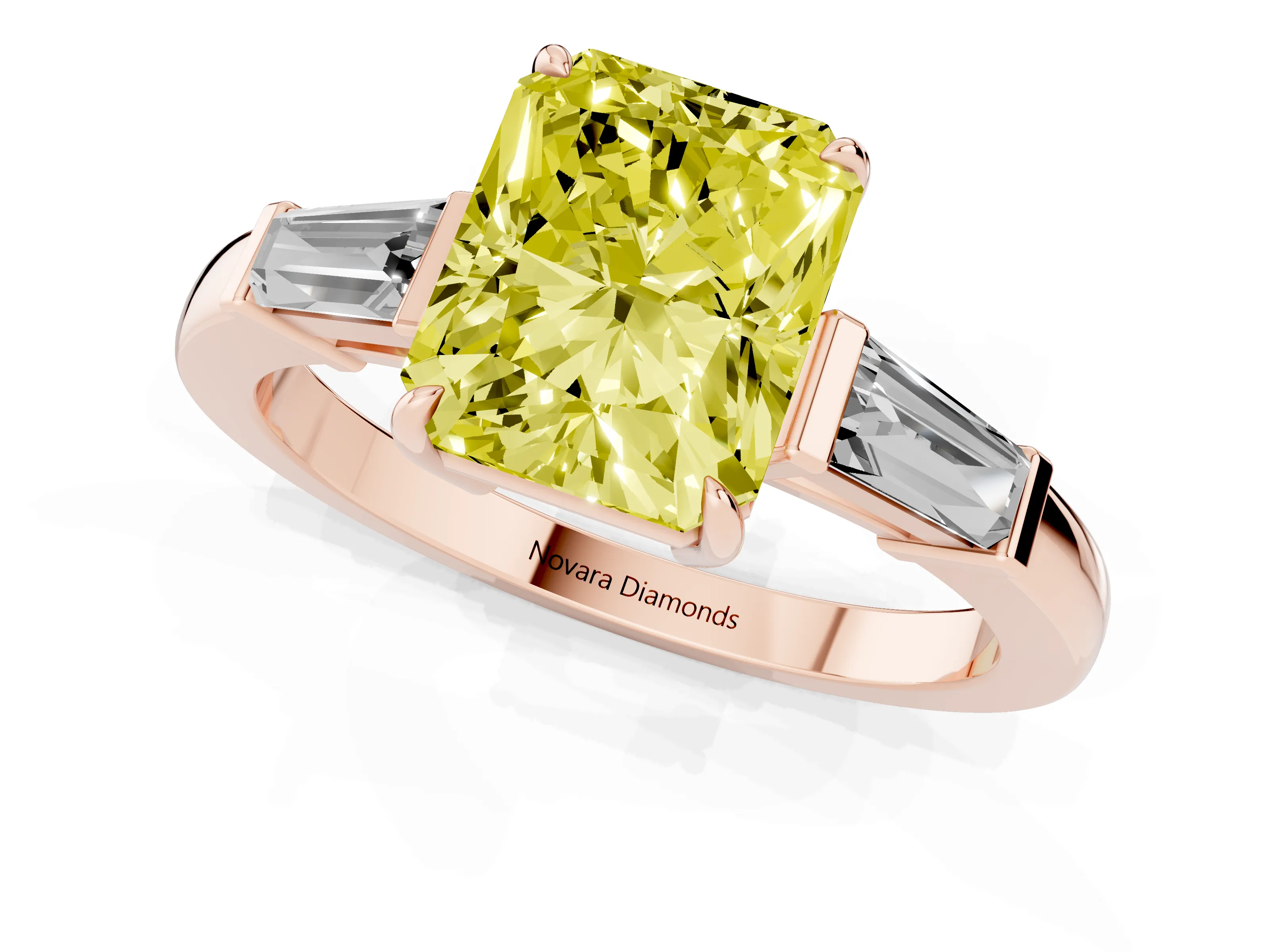 Fancy Yellow Radiant Cut Diamond Three-Stone Ring Set in Rose gold with Tapered Baguette Side Stones and Prong Setting