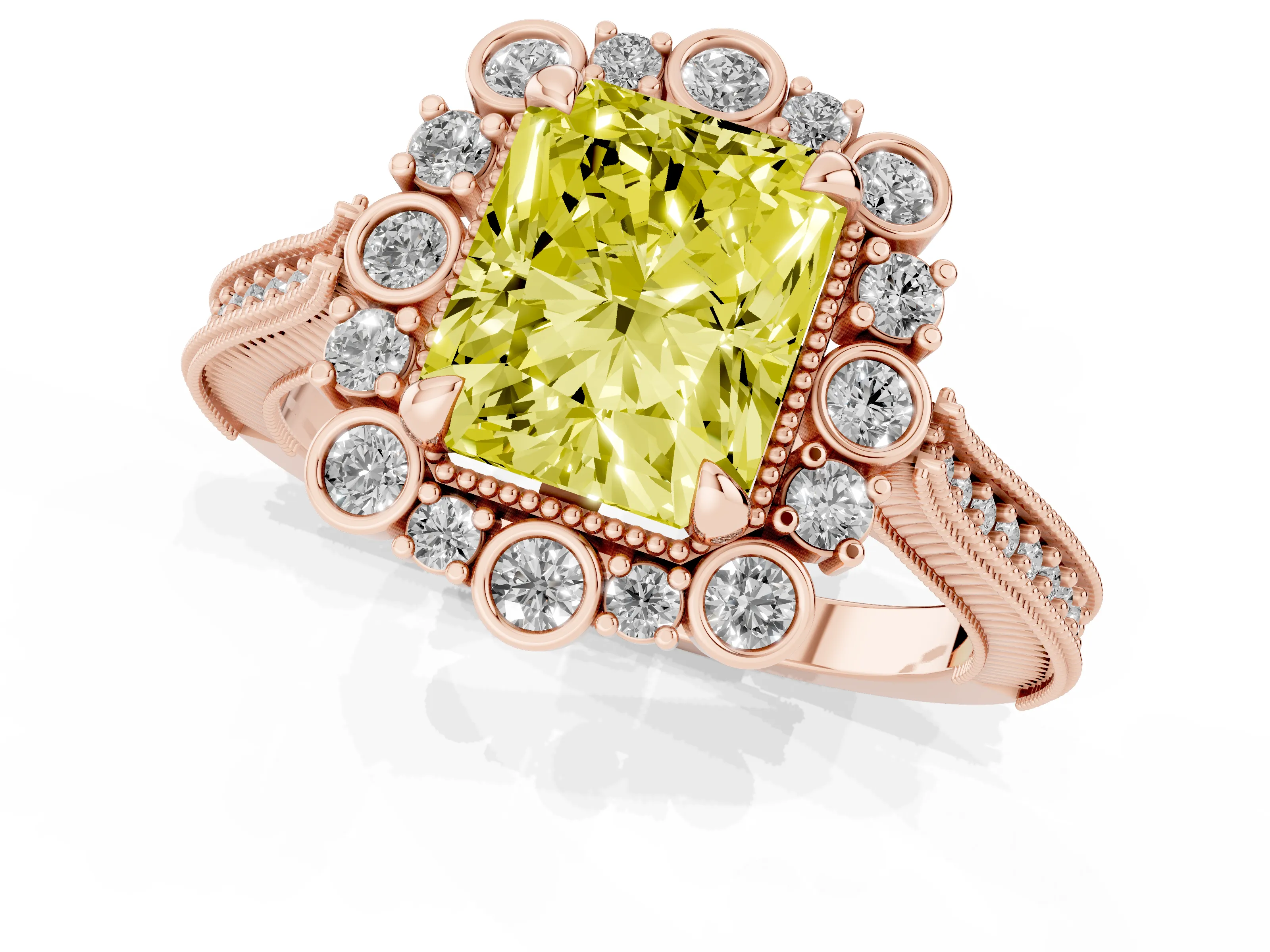 Fancy Yellow Radiant Cut Diamond Halo Milgrain Pavé Ring Set in Rose gold with Prong Setting