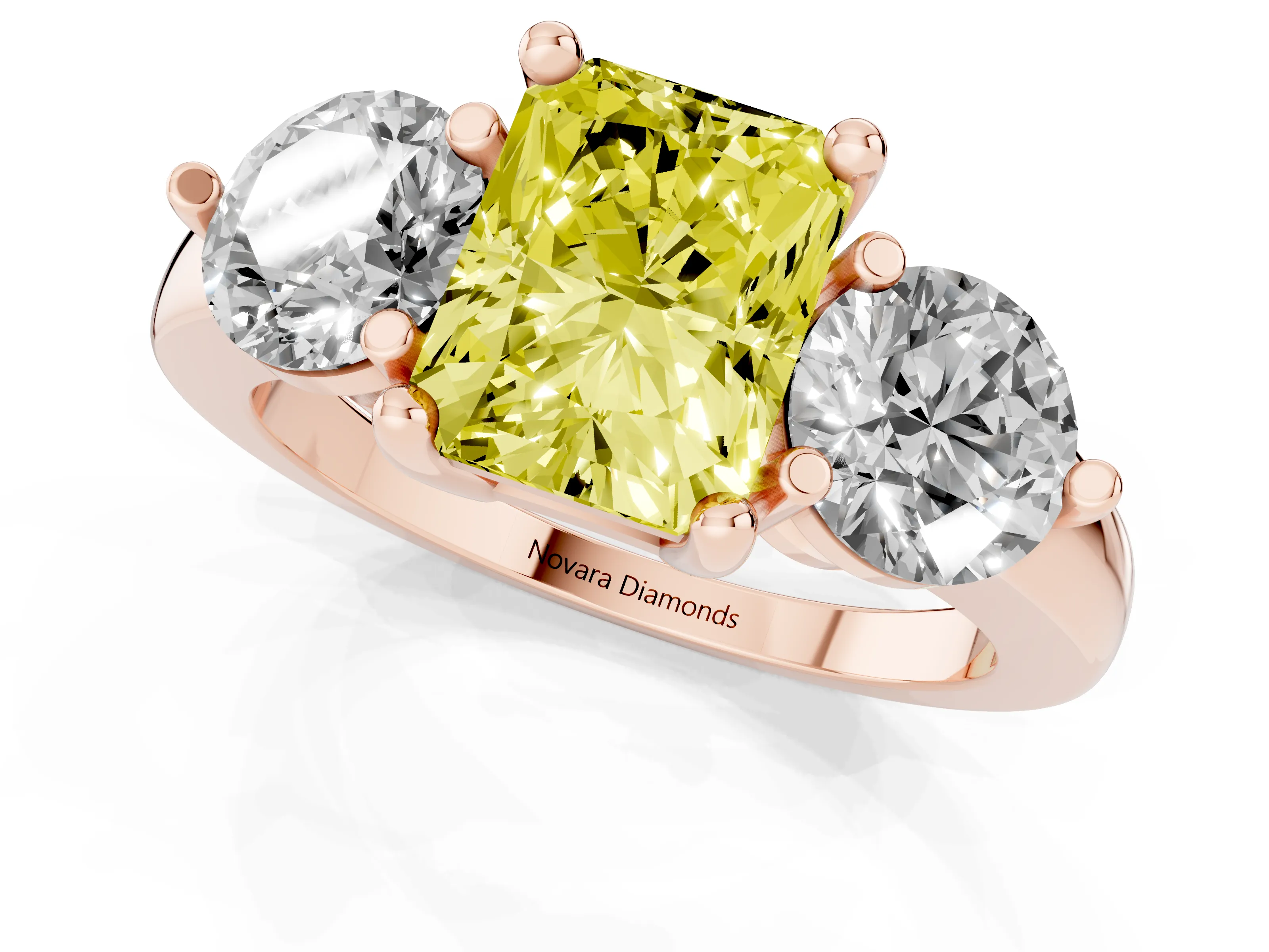 Fancy Yellow Radiant Cut Diamond Three-Stone Ring Set in Rose gold with Prong Setting and Classic Band