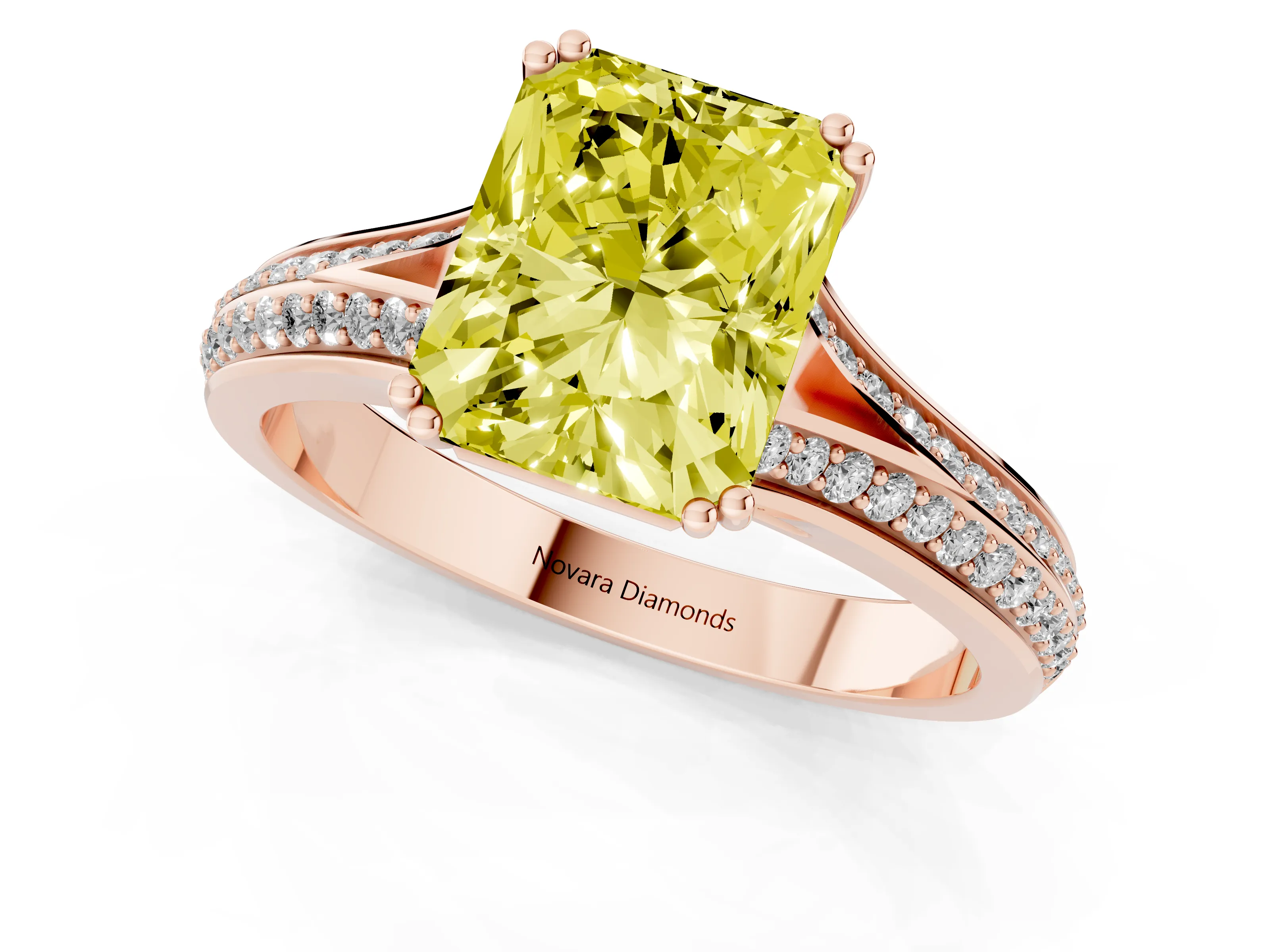 Fancy Yellow Radiant Cut Diamond Split Shank Pavé Engagement Ring Set in Rose gold with Prong-Set Center Stone
