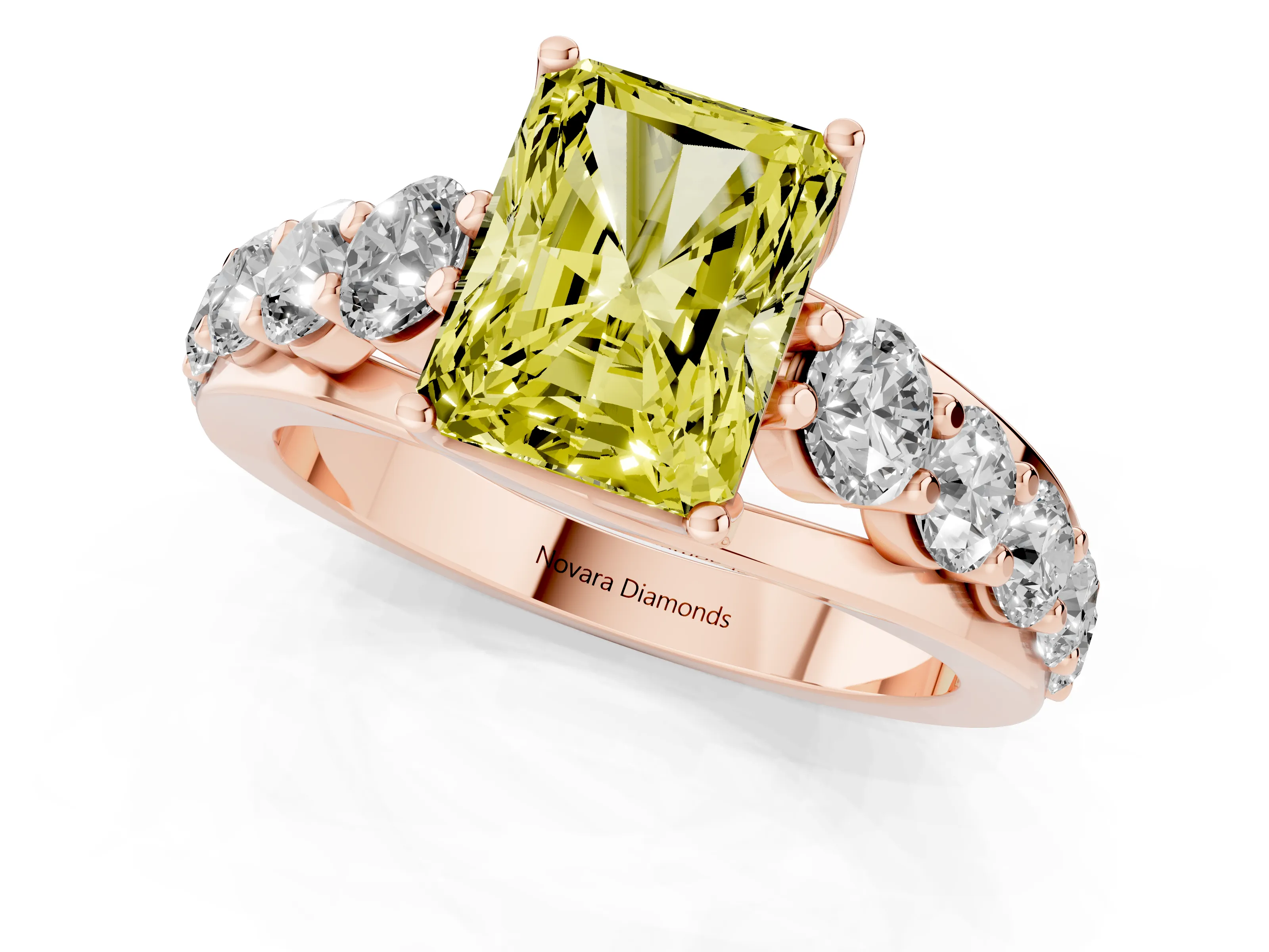 Fancy Yellow Radiant Cut Diamond Pavé Engagement Ring Set in Rose gold with Prong Setting